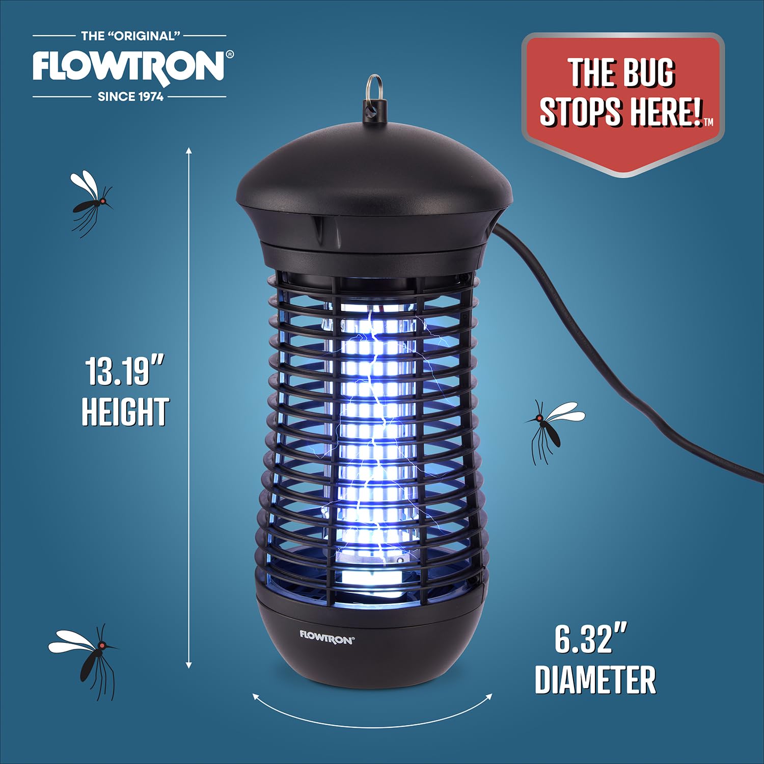 Flowtron glowing blue UV bulb close-up showing insect attraction and increased coverage