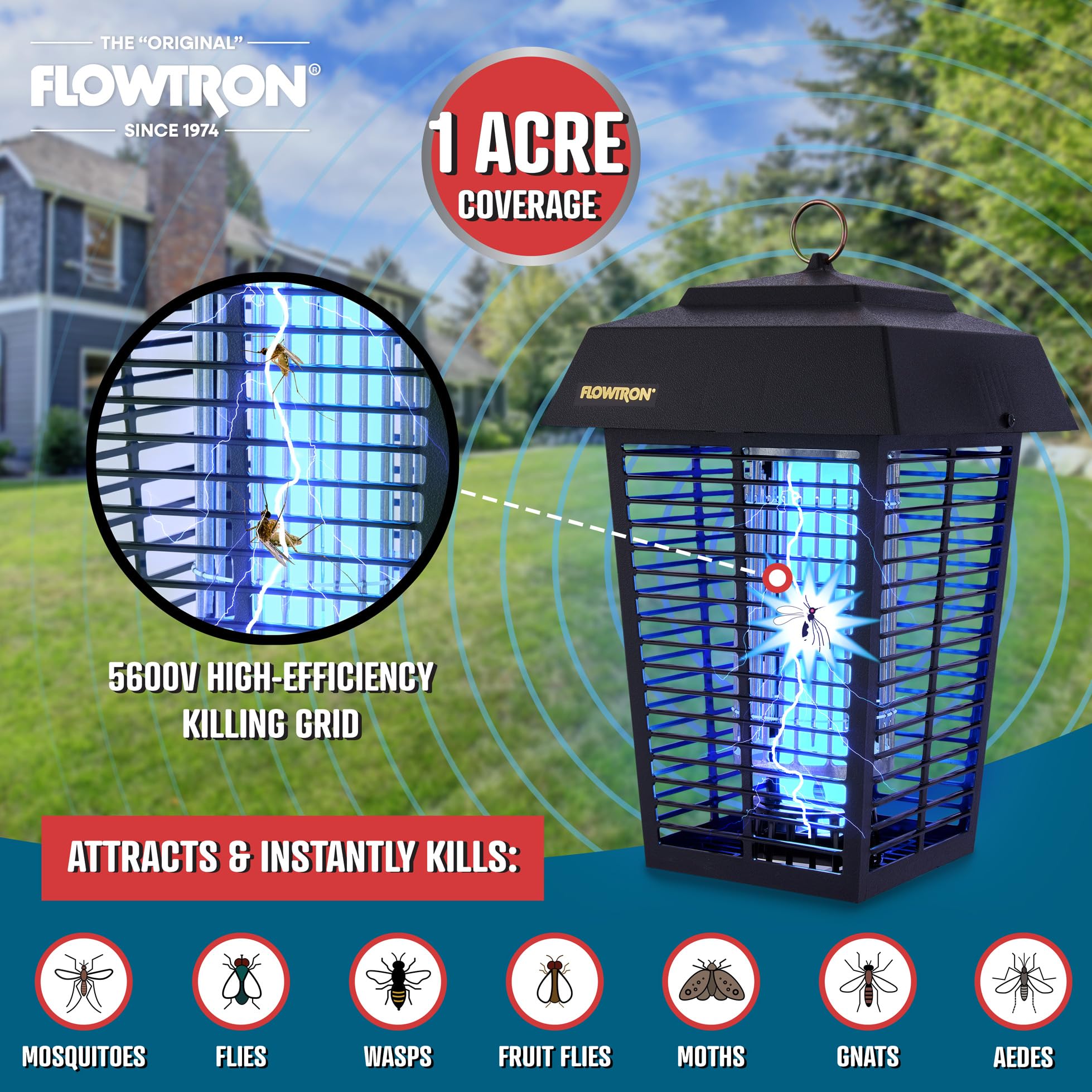 Flowtron UV bulb lit at night showing strong attraction for pests benefit