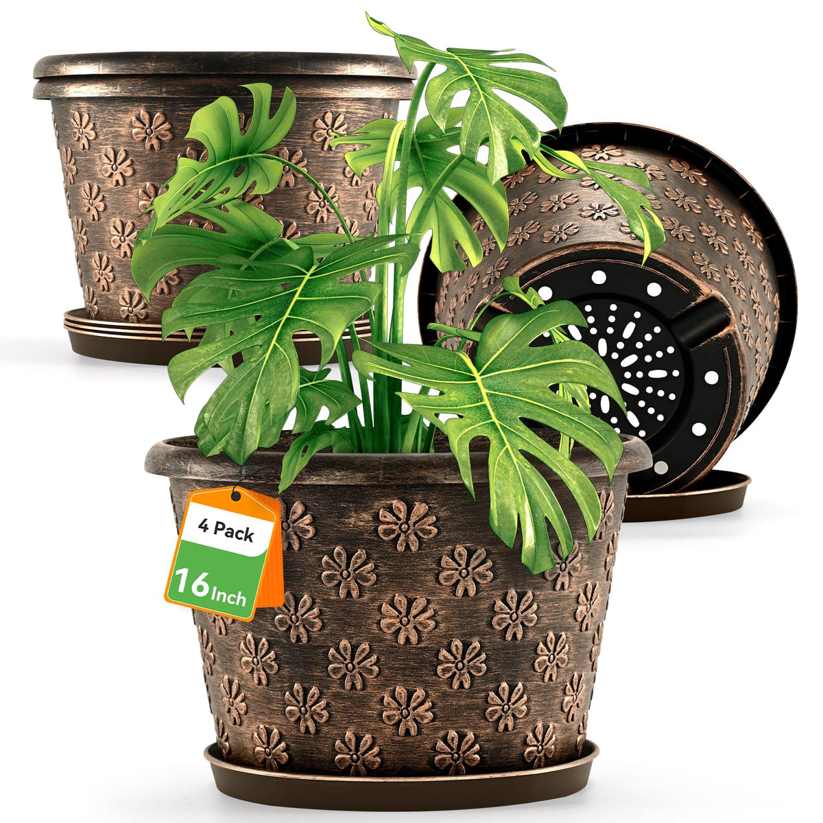 Flowyypo front view of four 16 inch planters, decorative and sturdy