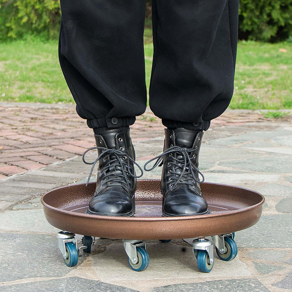 FLRISNTIG dolly beside hand for scale showing 20-inch diameter and heavy-duty load capacity