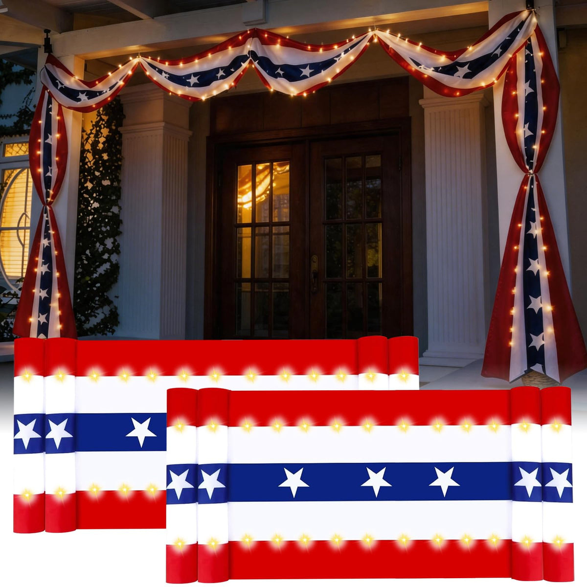 FLUUZE front view of full 19.6ft patriotic bunting showing bold colors and pattern