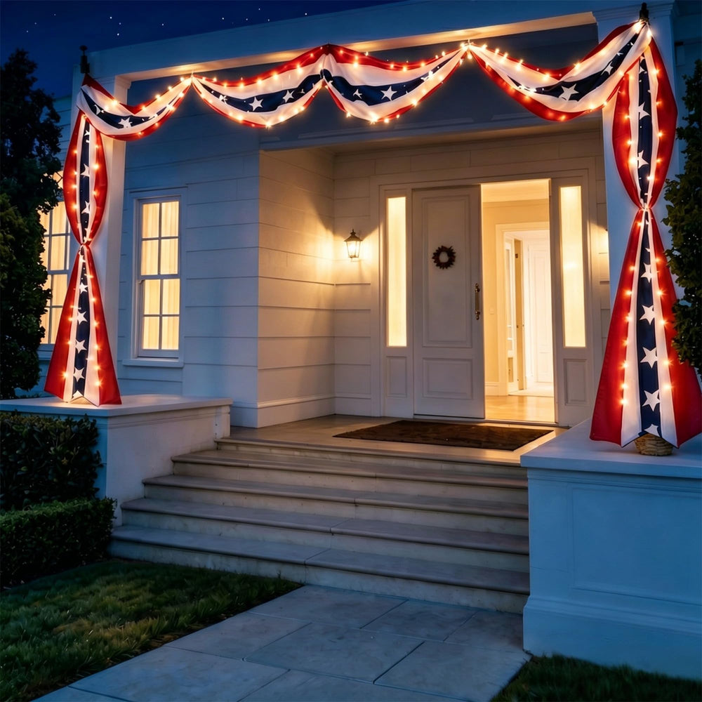 FLUUZE bunting installed on porch railing enhancing curb appeal and festive mood