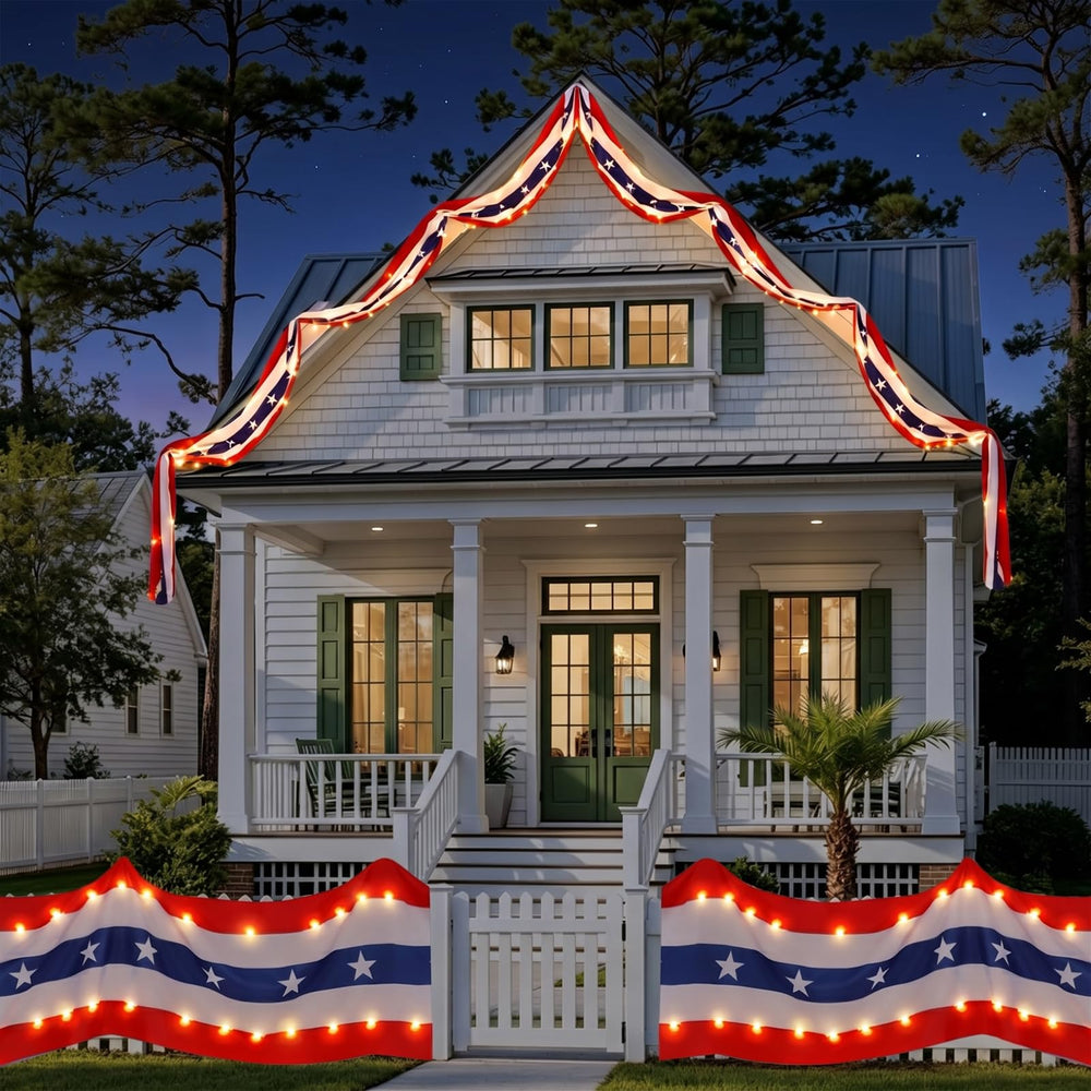 FLUUZE banner next to railing showing 19.6ft scale for porch and fence coverage