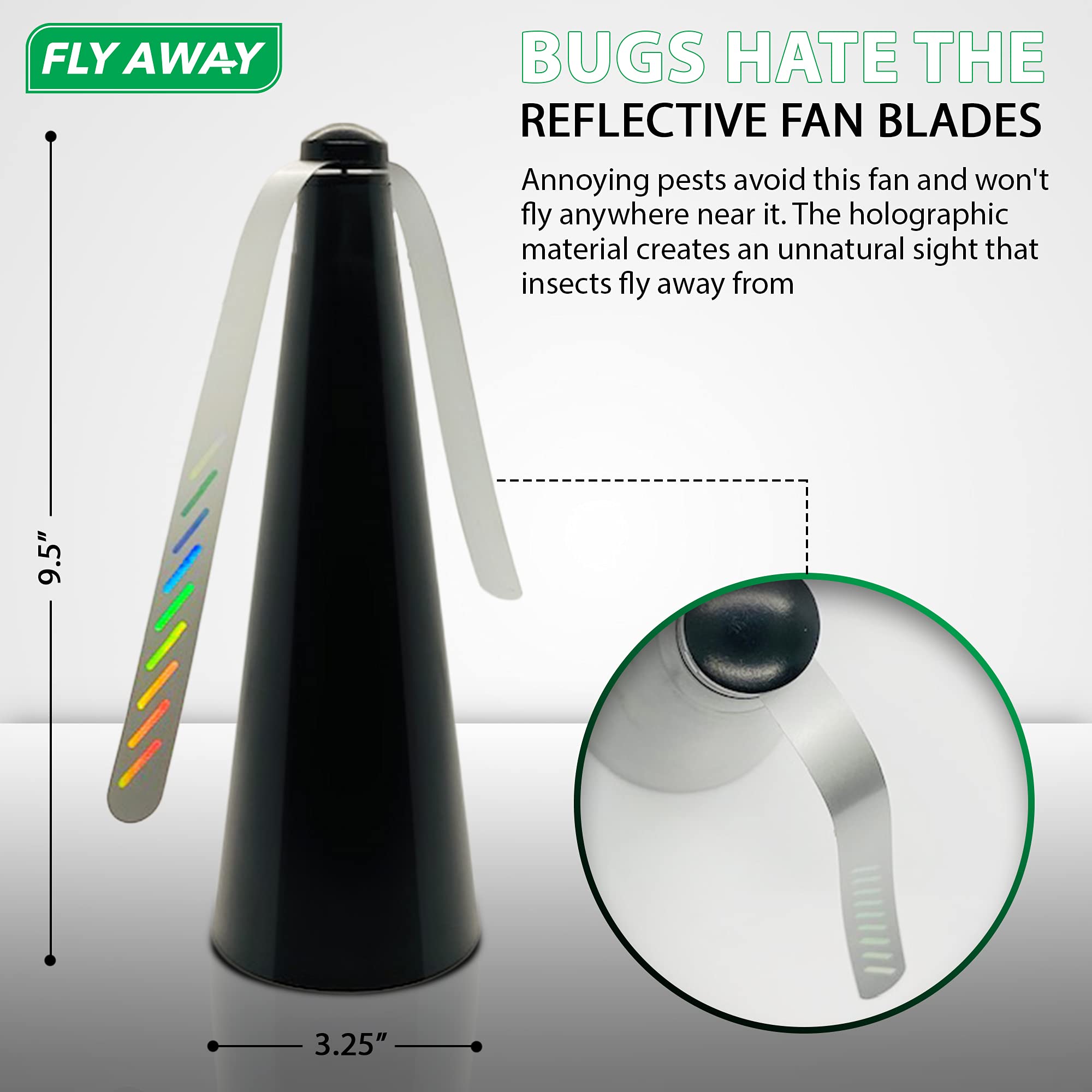 Fly Away close-up reflective blades highlighting visual deterrent benefit