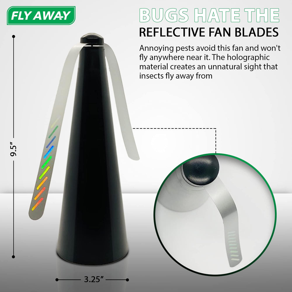 Fly Away fan hung from an umbrella providing pest-free shade seating