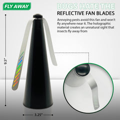Fly Away fan hung from an umbrella providing pest-free shade seating