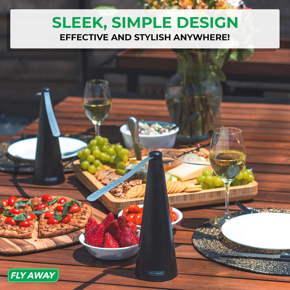 Fly Away in outdoor dining setting protecting meals from flies benefit