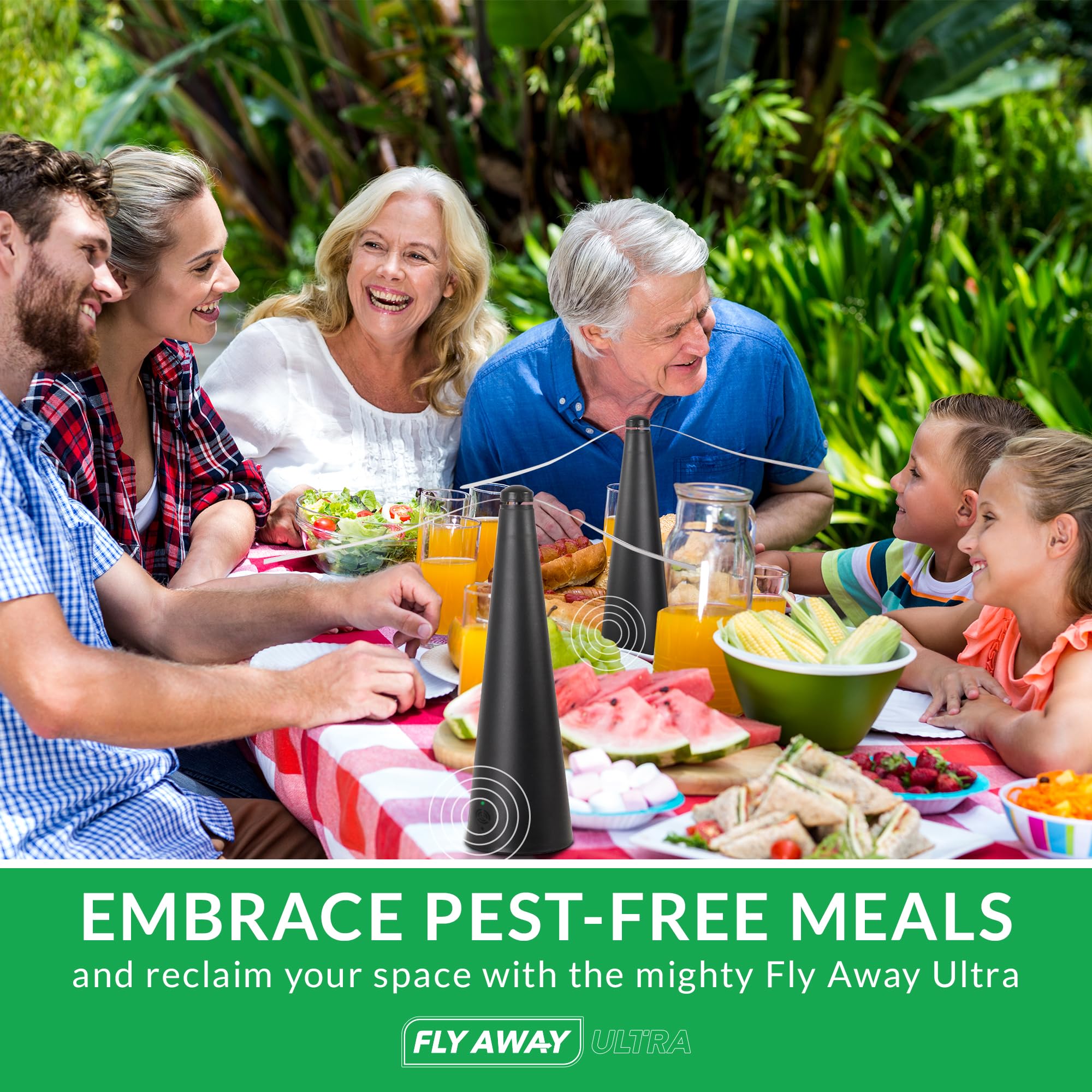 Fly Away Product placed on a barbecue table reducing flies during outdoor meal
