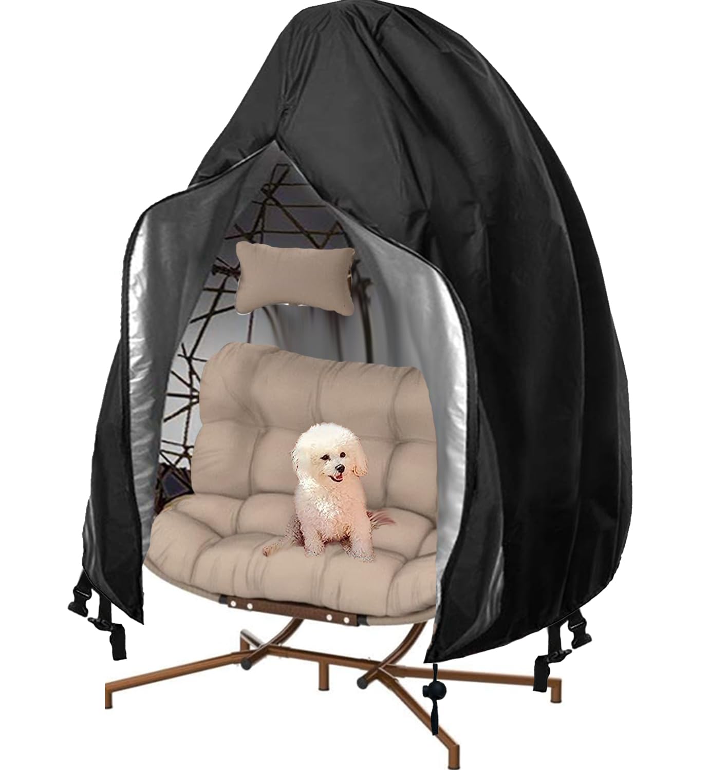 FLYMEI front view of full cover protecting double egg chair, outdoor protection