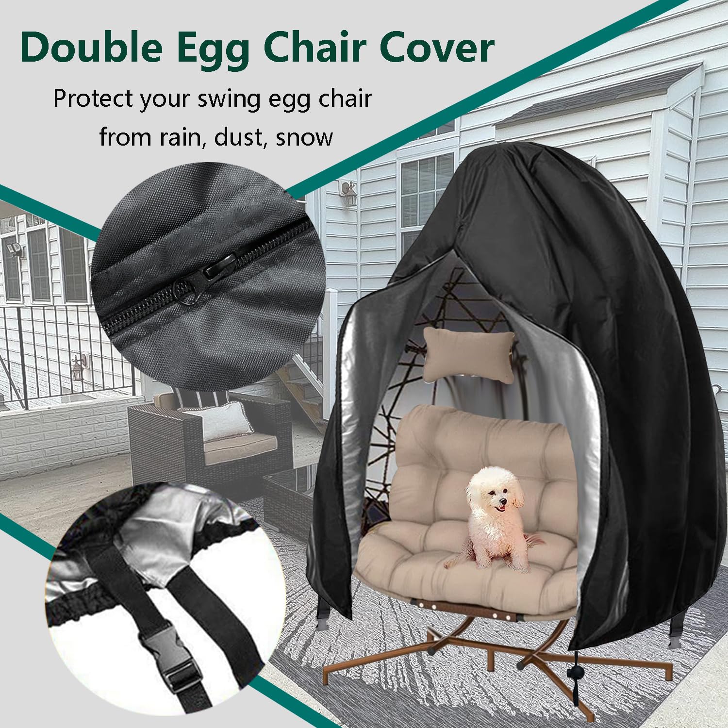 FLYMEI covered egg chair in backyard scene, keeps furniture clean