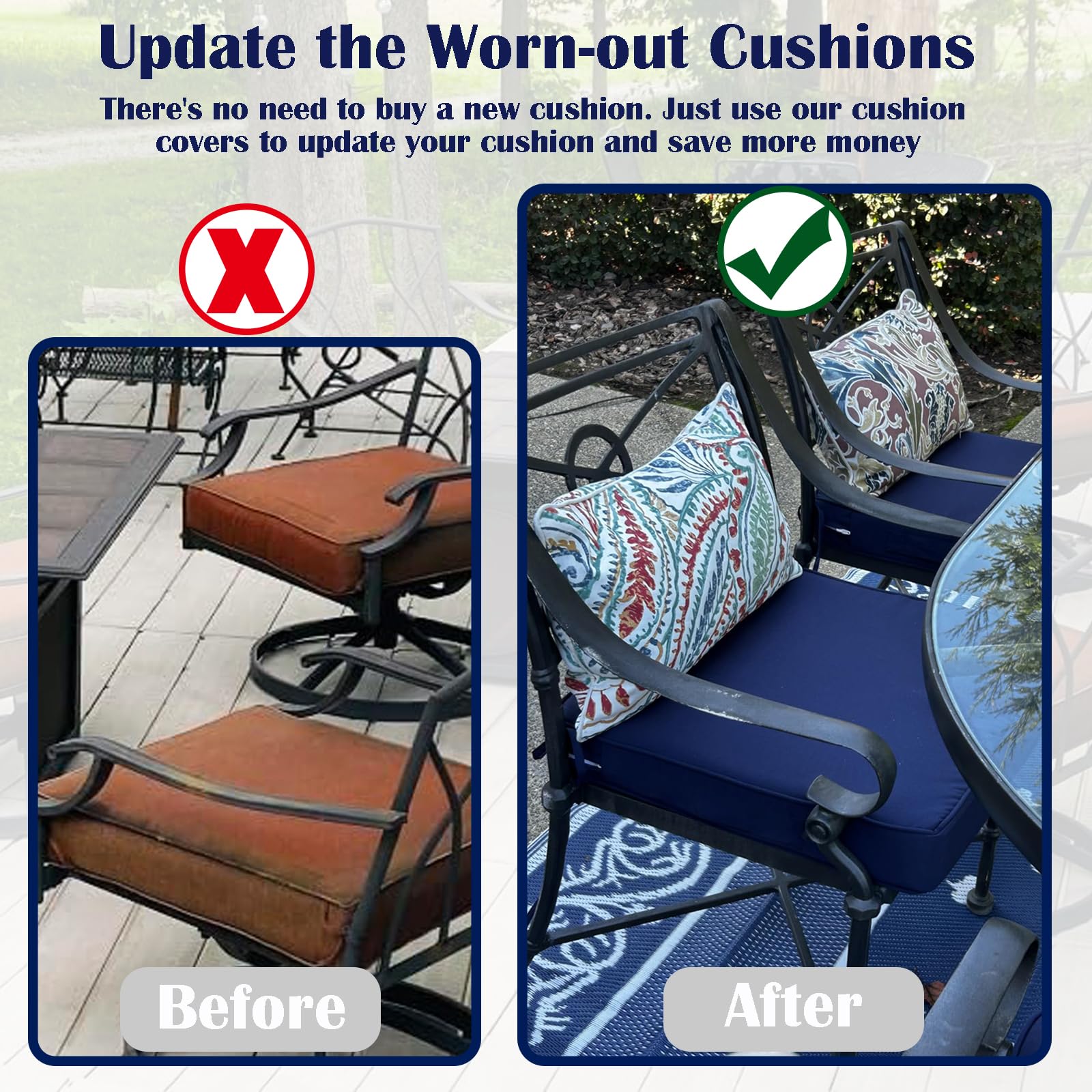 FLYMEI lifestyle image of backyard seating set with coordinated navy covers for style