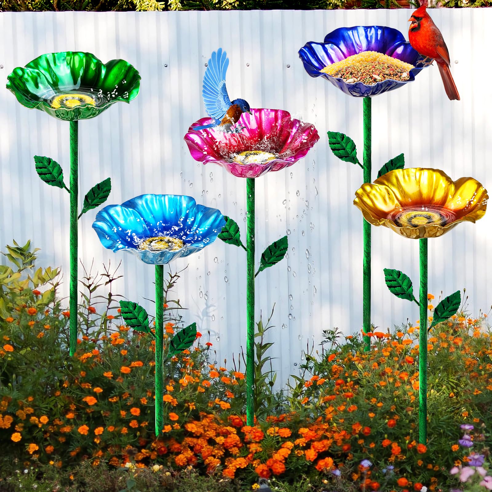 FLYVOLE front view of five-piece metal bird bath set adding curb appeal