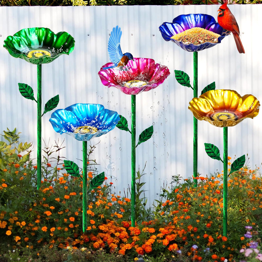 FLYVOLE front view of five-piece metal bird bath set adding curb appeal