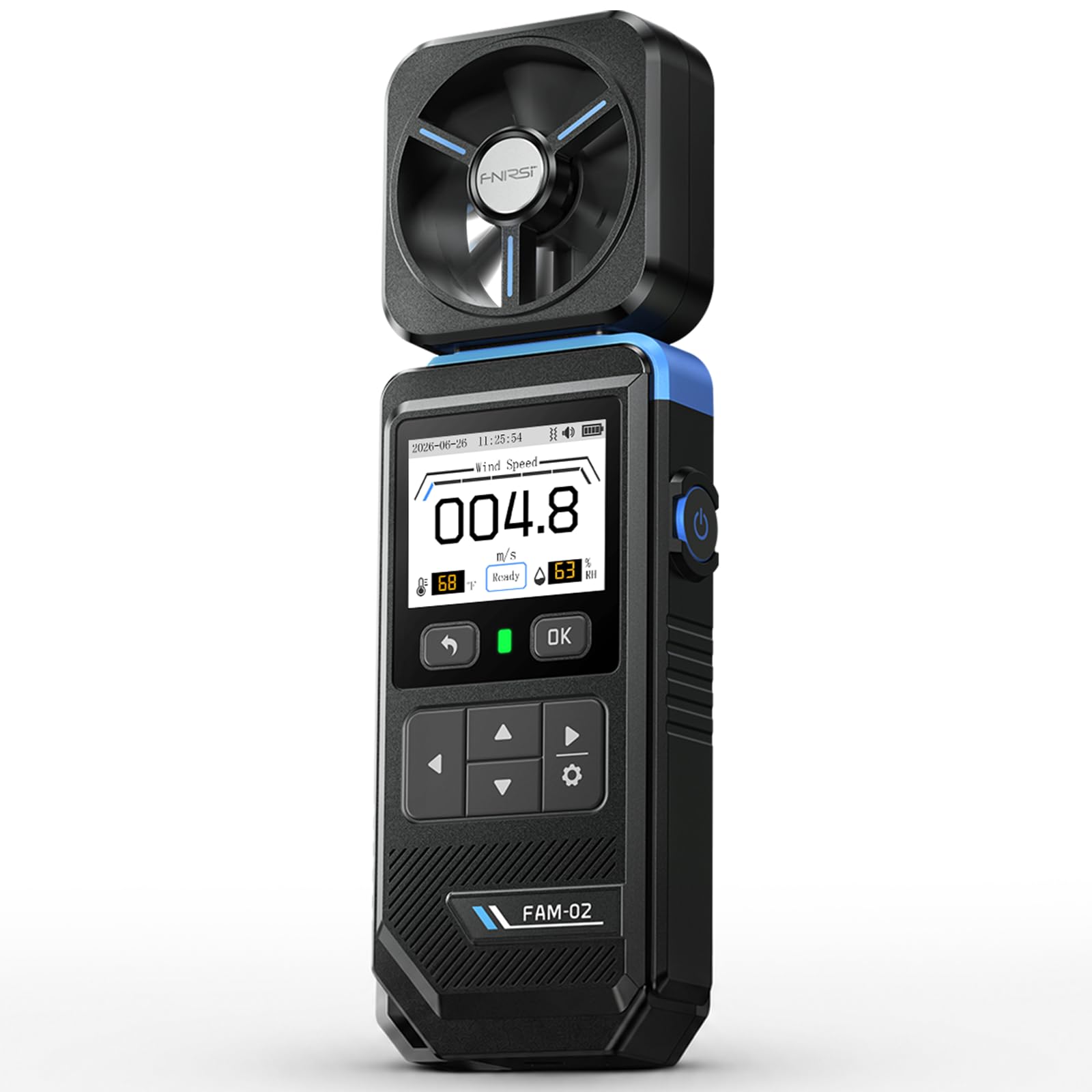 FNIRSI FAM-02 front display showing wind speed and units for clear readings