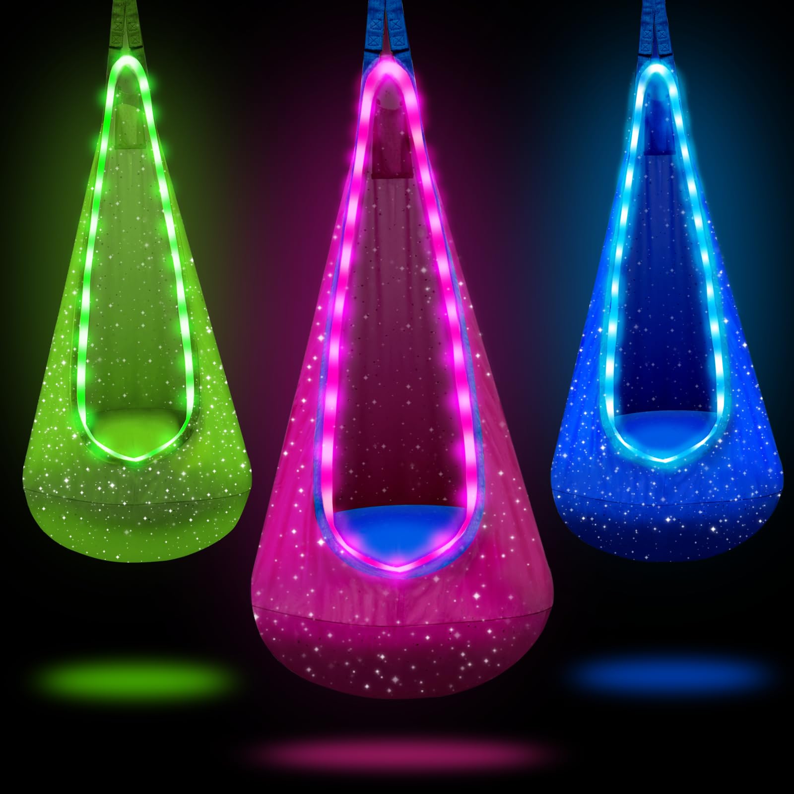 FNZU pod swing front view showing cozy seat and LED appeal for calming play