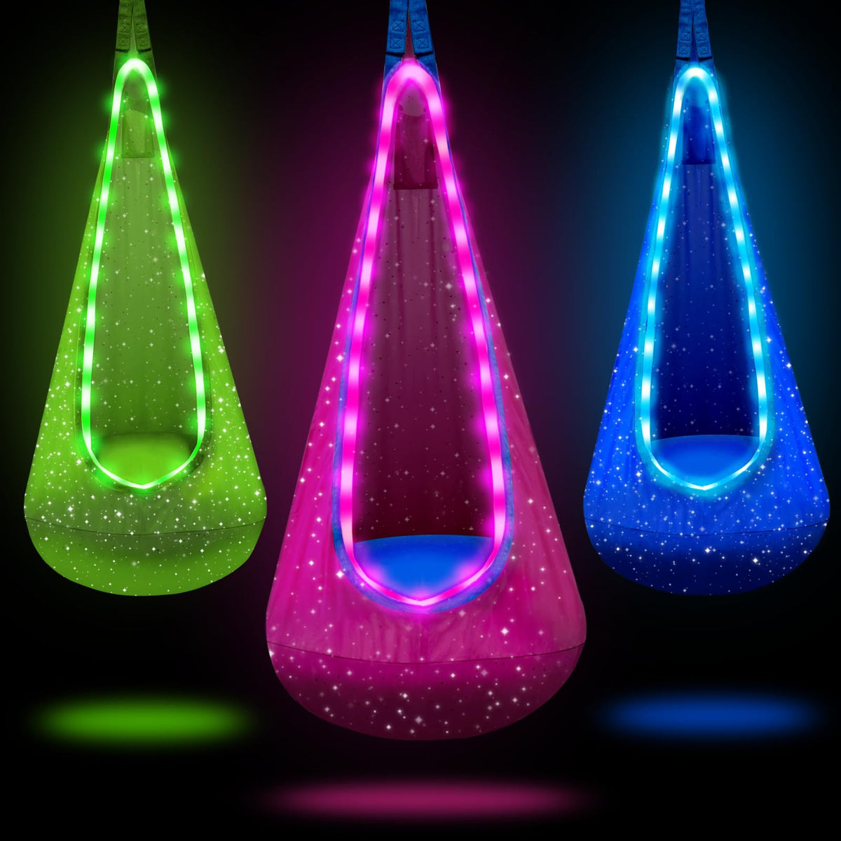 FNZU pod swing front view showing cozy seat and LED appeal for calming play