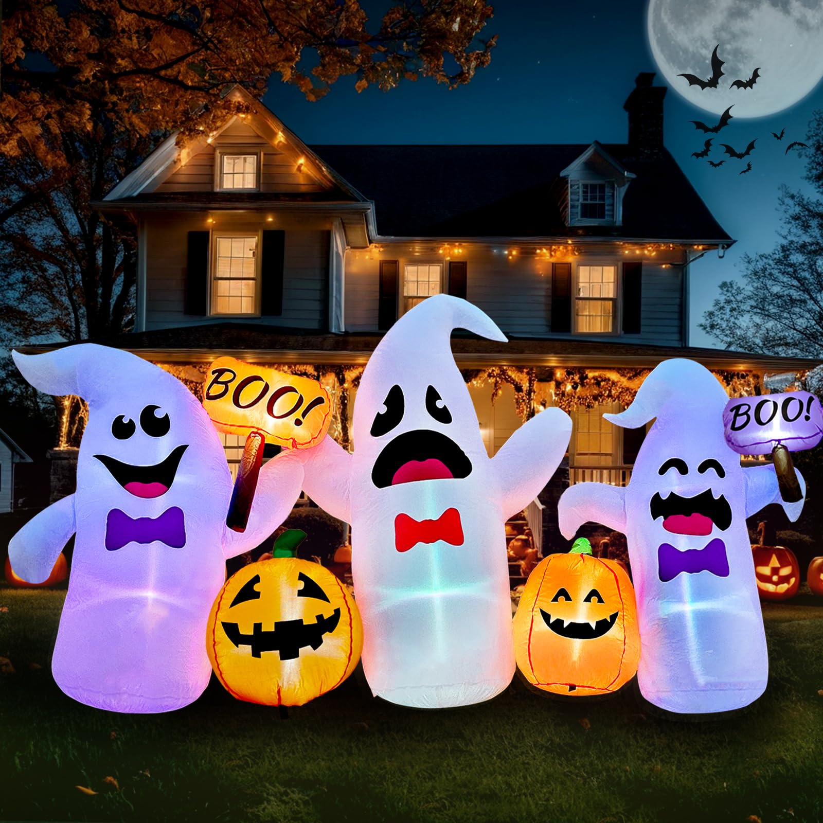 FOCIE front view inflated showing three ghosts and two pumpkins, great curb appeal
