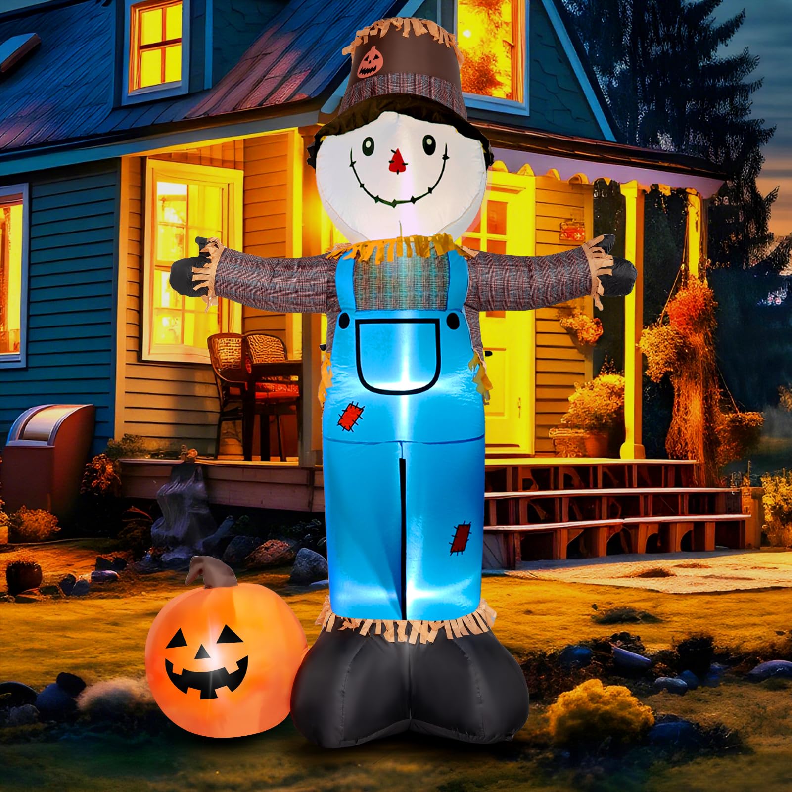FOCIE scarecrow in yard for scale showing 8ft height and street-side visibility