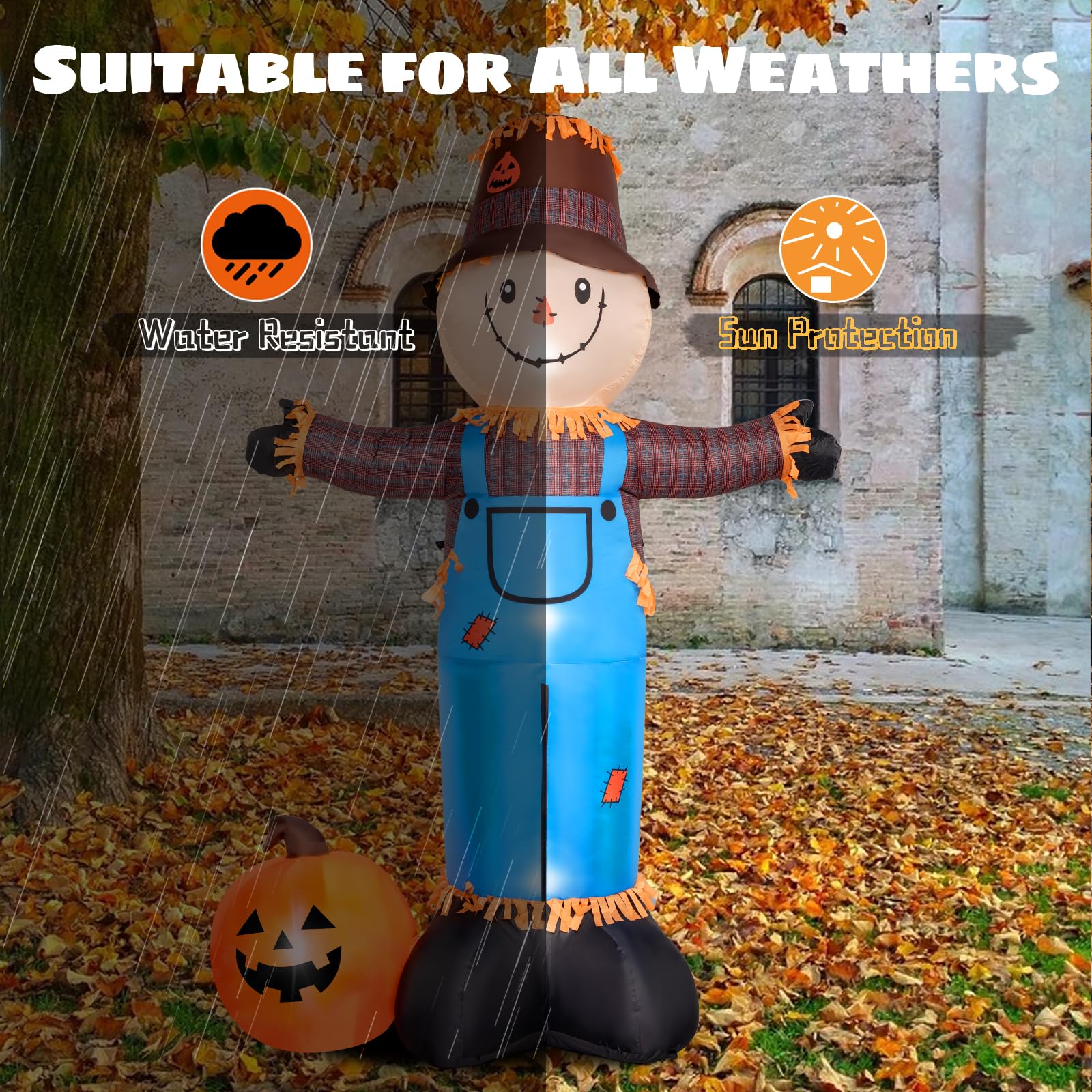 FOCIE scarecrow setup accessories including blower, stakes, ropes and sandbags for secure installation