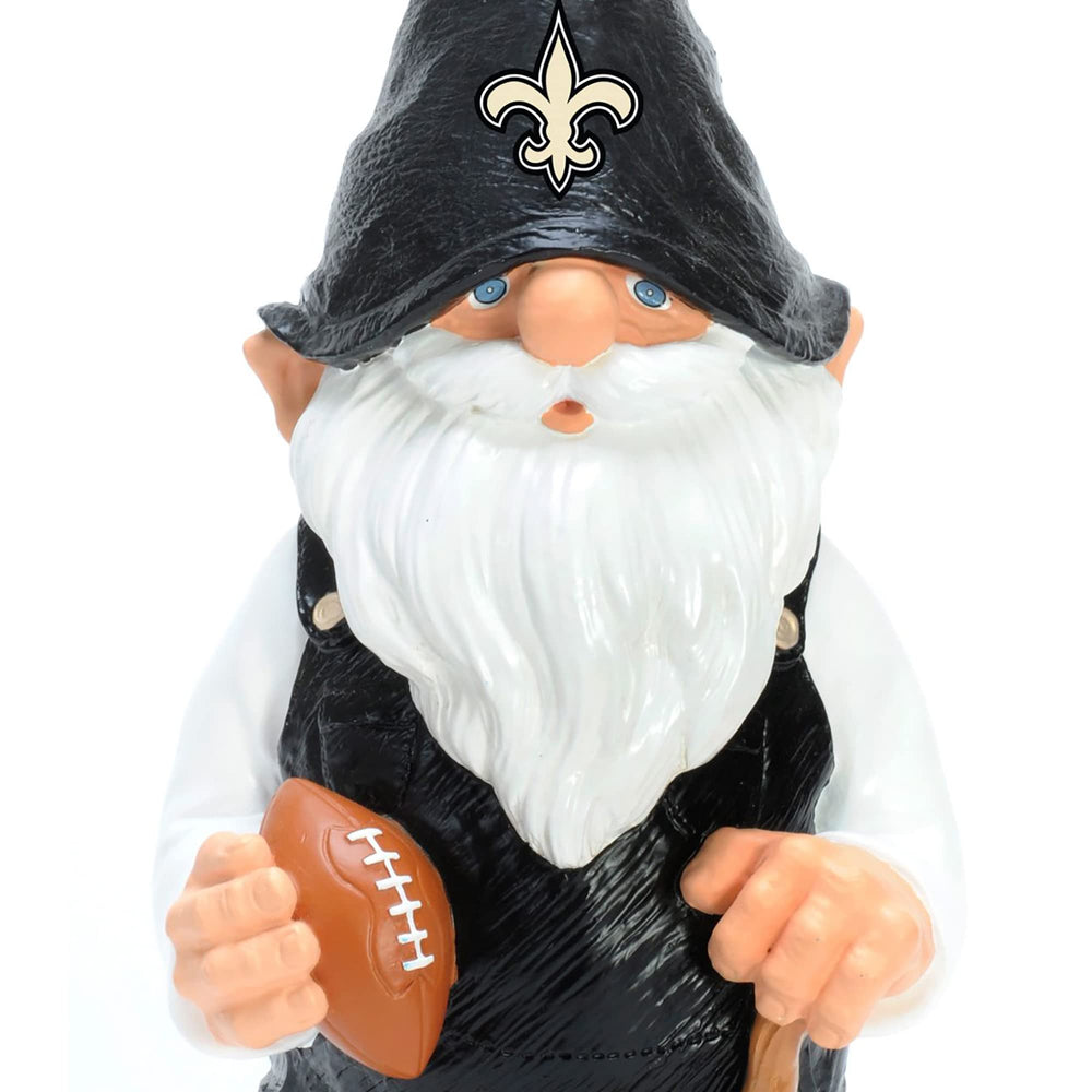 FOCO gnome raised New Orleans Saints logo closeup for clear branding
