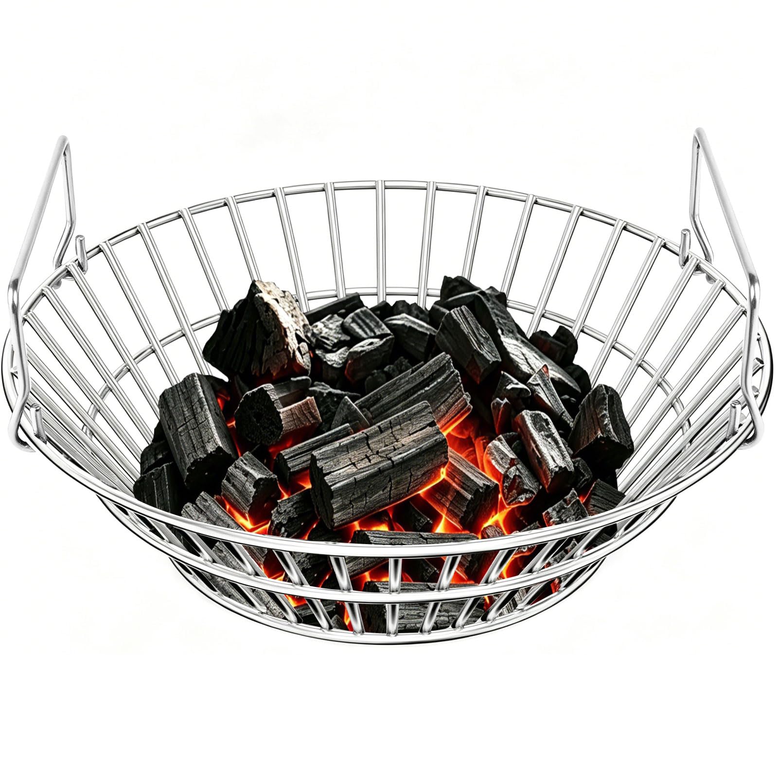 foedo front view charcoal basket showing sturdy construction and organized fuel