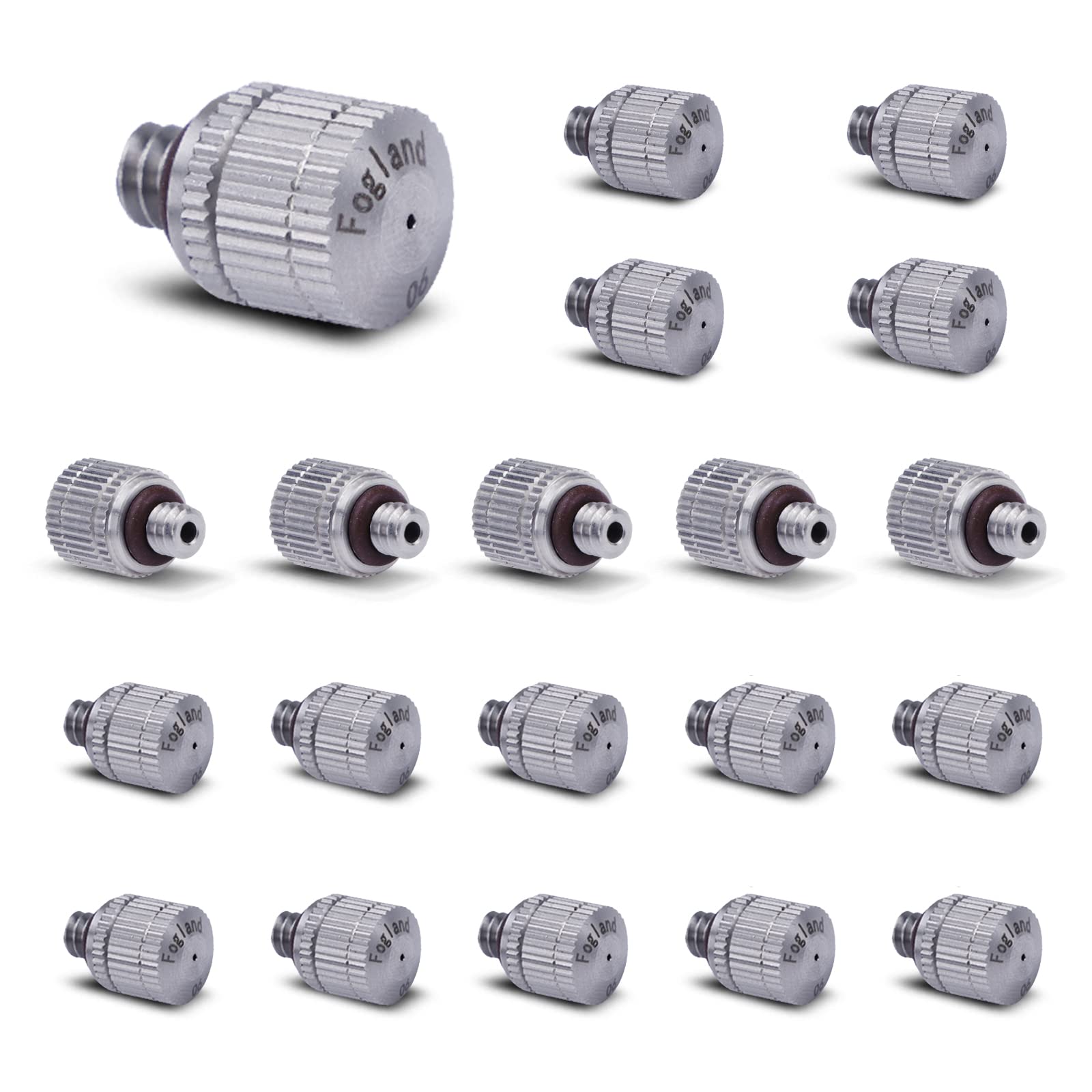 Fogland front view of 20-pack nozzles showing complete set and benefit: reliable spares