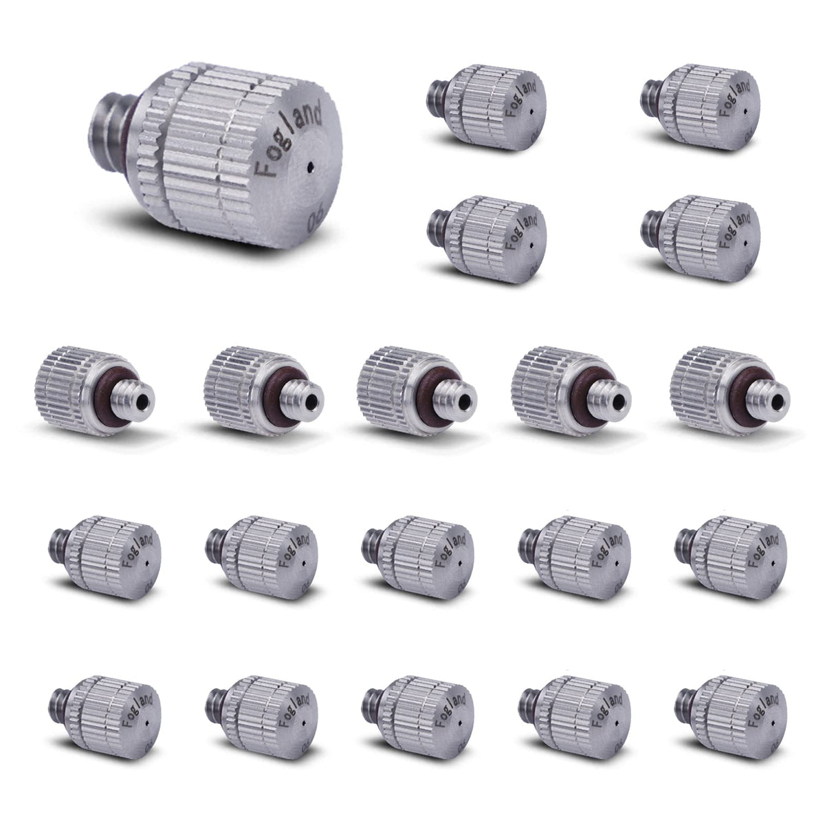 Fogland front view of 20-pack nozzles showing complete set and benefit: reliable spares