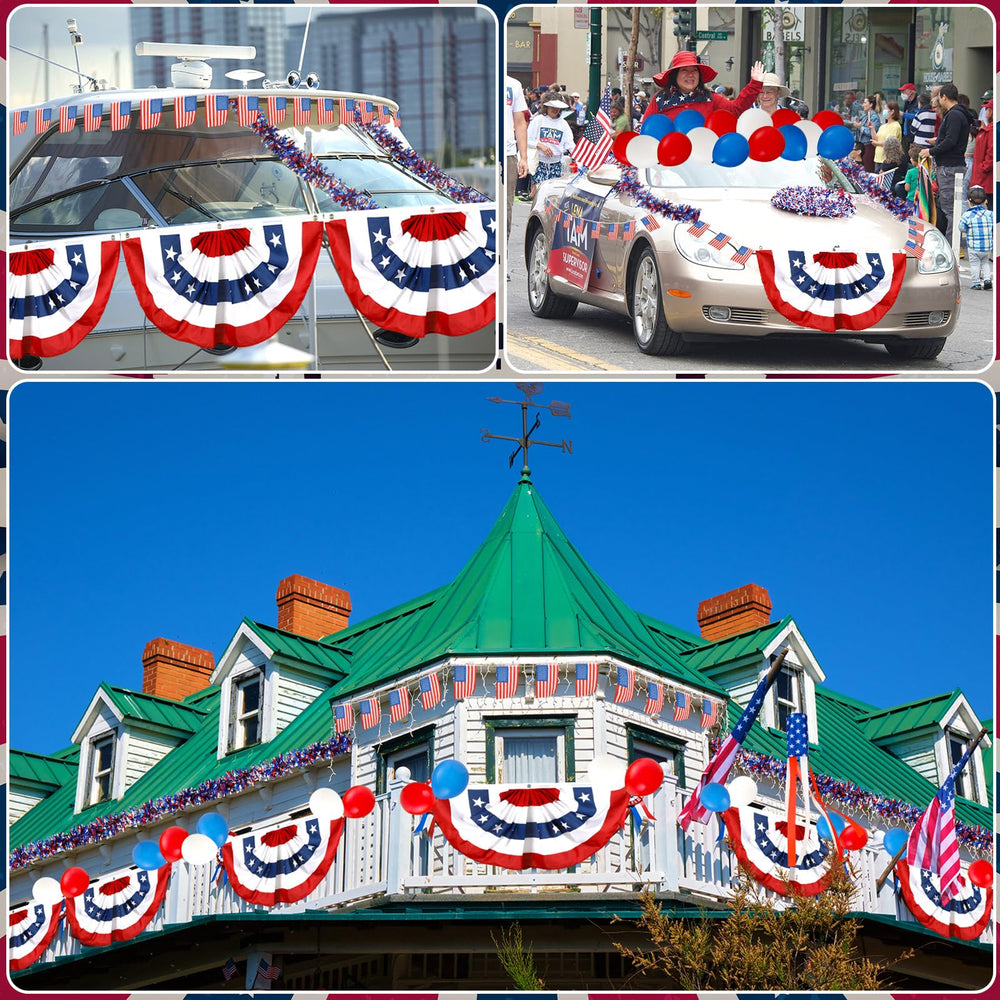 Foilswirl decorated boat showing finished patriotic display for parade impact benefit