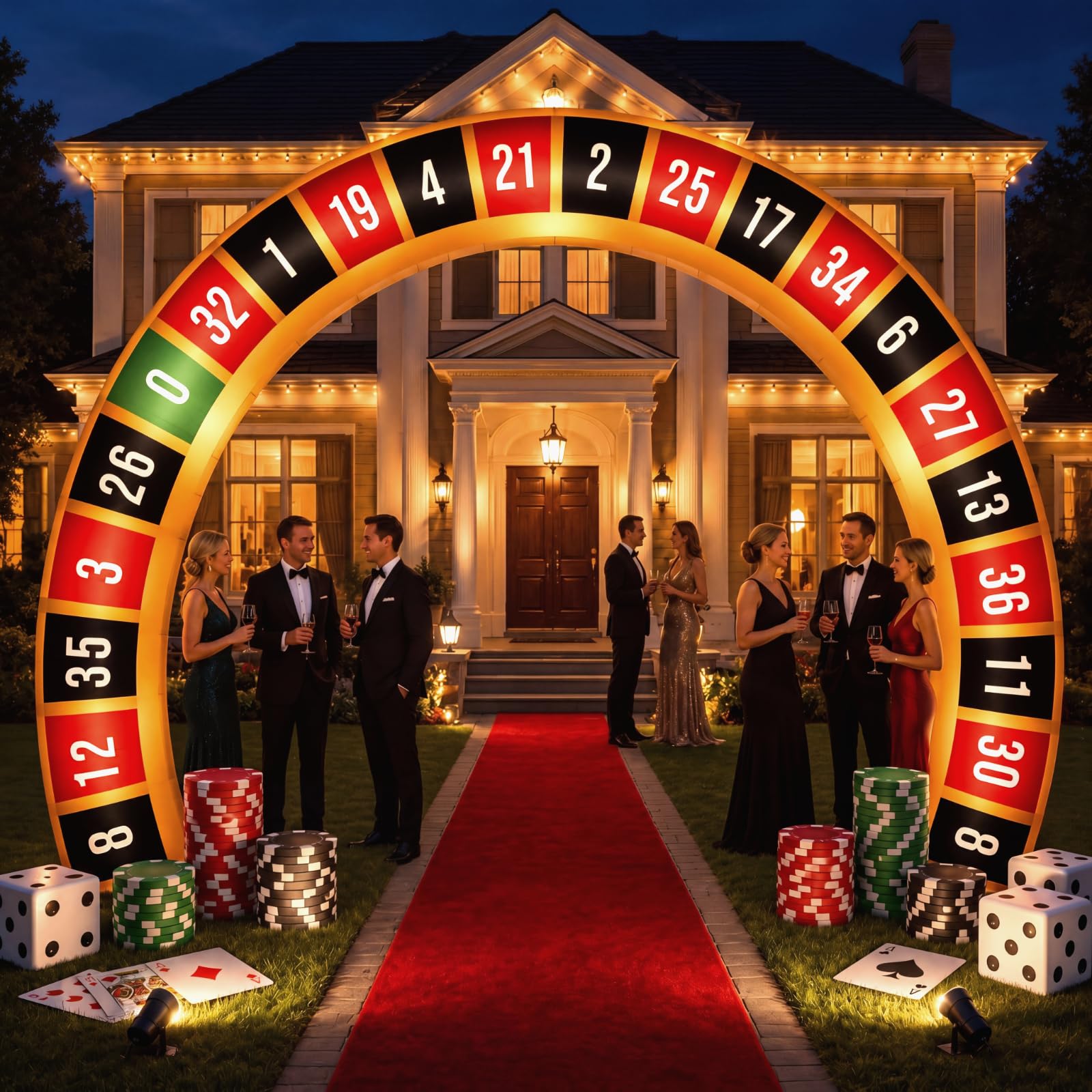 Foilswirl arch in party scene adding Vegas-style atmosphere and photo backdrop