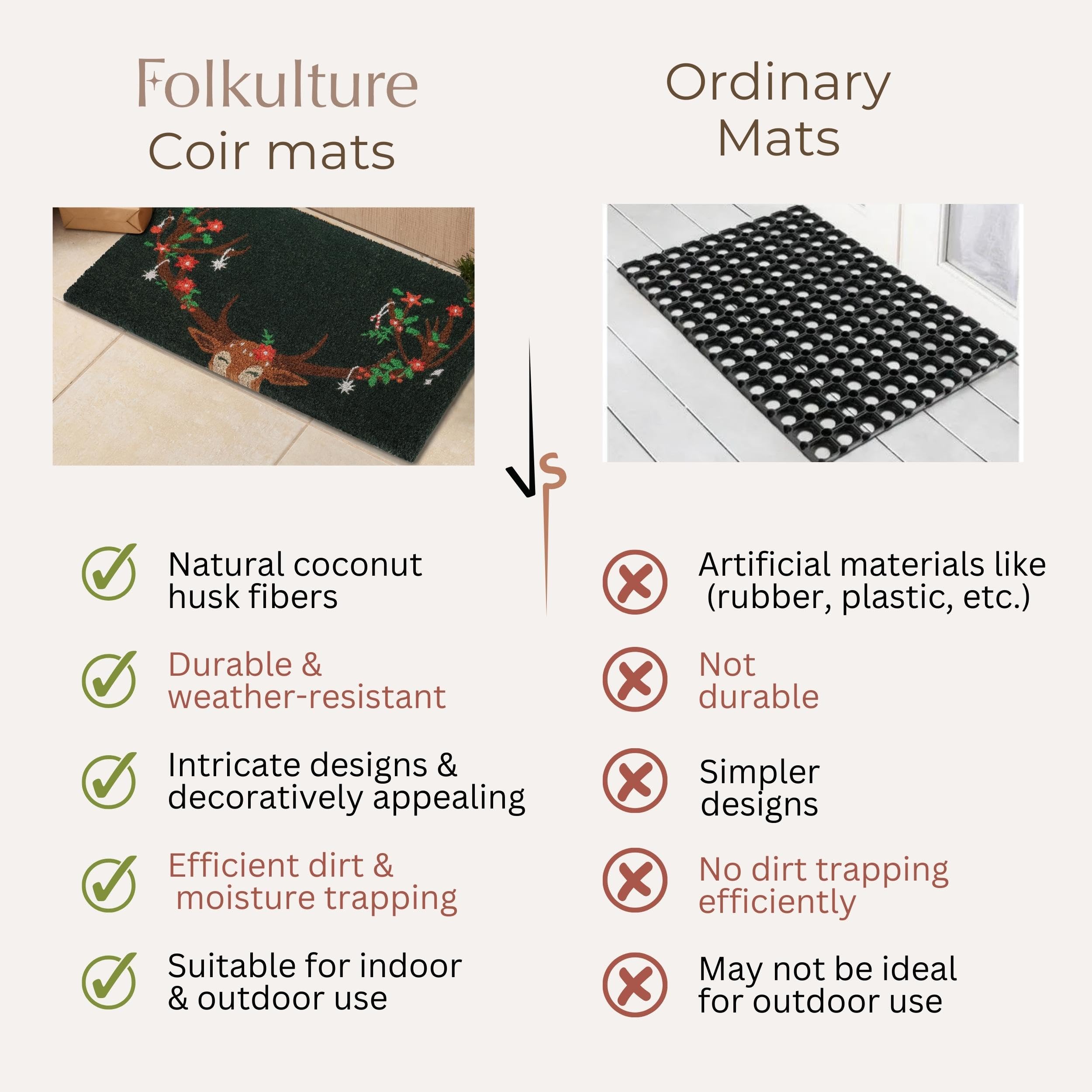 Folkulture packaged mat with label showing eco-friendly coir benefits
