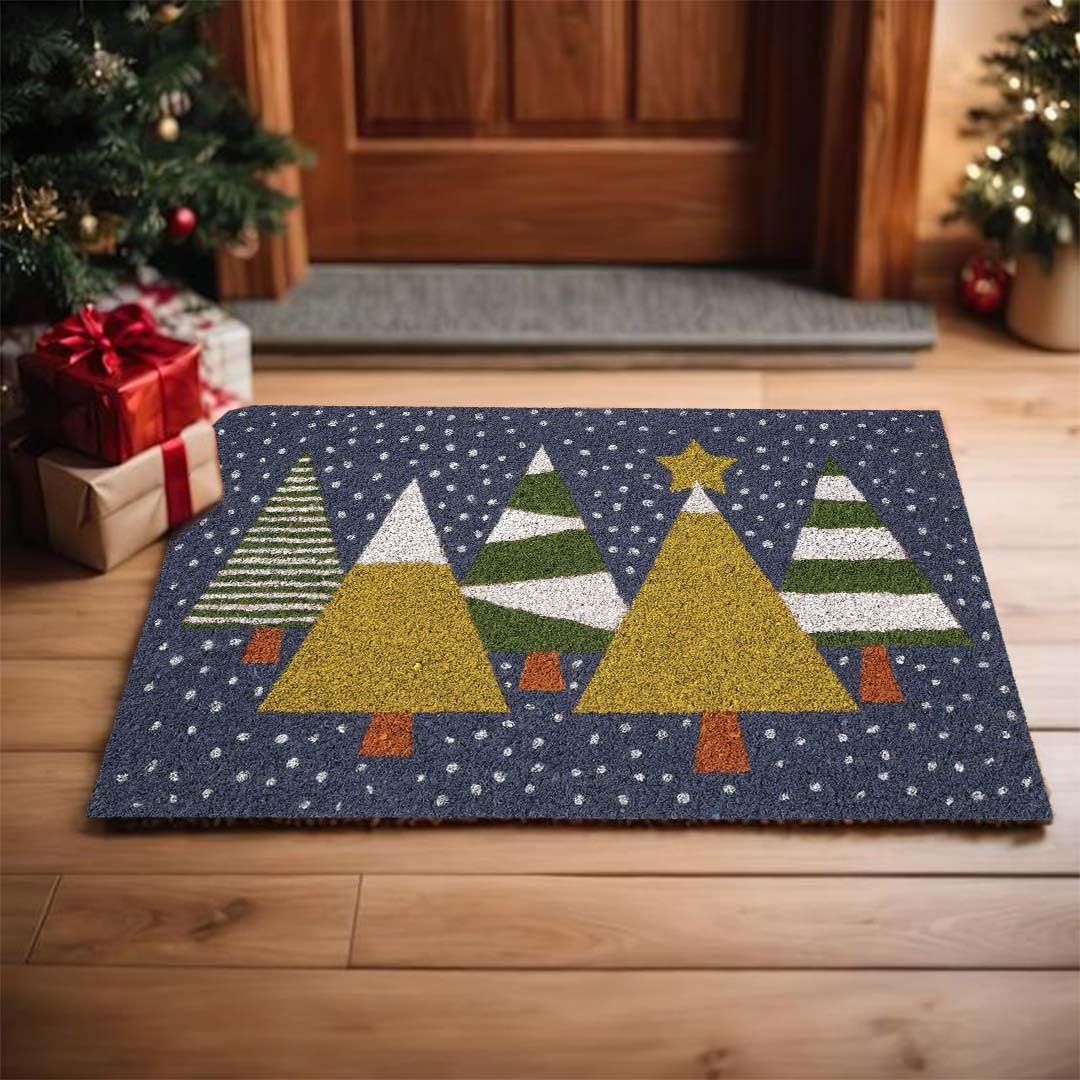 Folkulture front view of Christmas door mat showing welcome design and durable edge