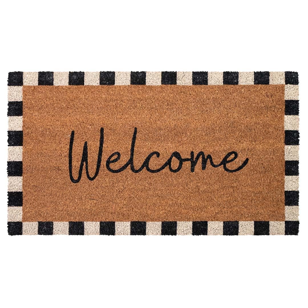 Folkulture front view doormat showing welcome design and durable coir benefit