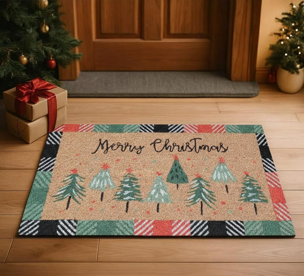 Folkulture front view of Christmas doormat showing festive welcome and curb appeal
