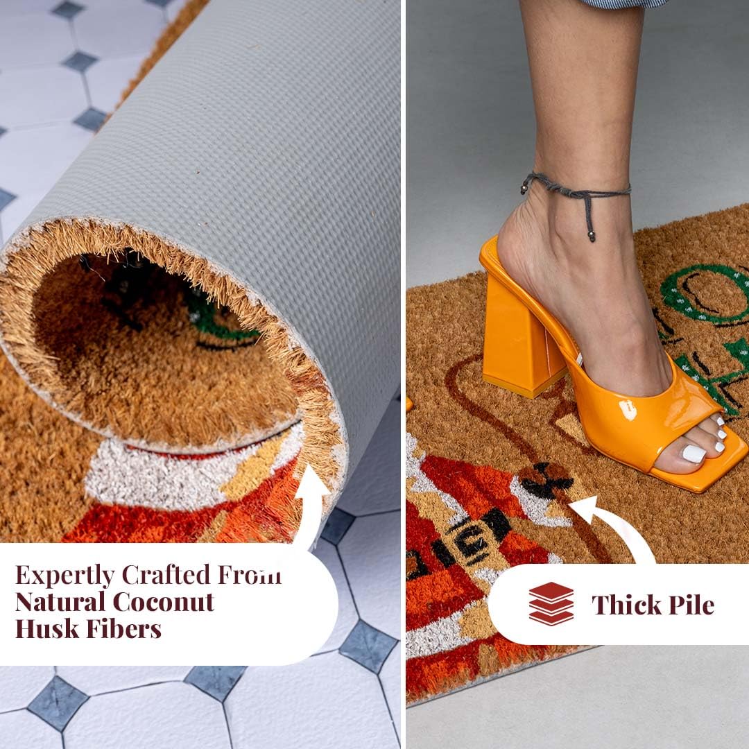 Folkulture mat next to shoes showing 28x16 inch size for proper coverage
