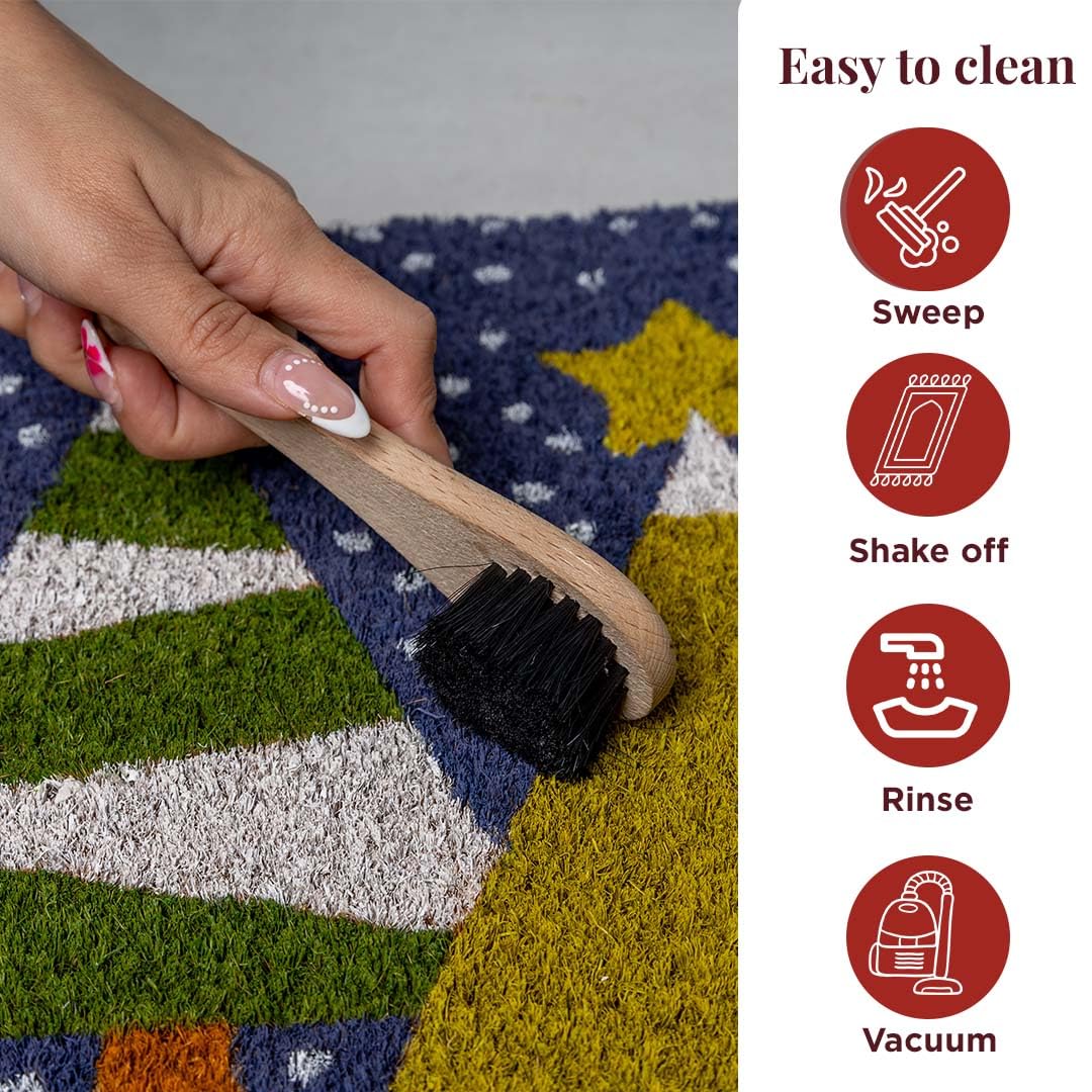 Folkulture mat next to shoes demonstrating 28x16 inch size and coverage benefit