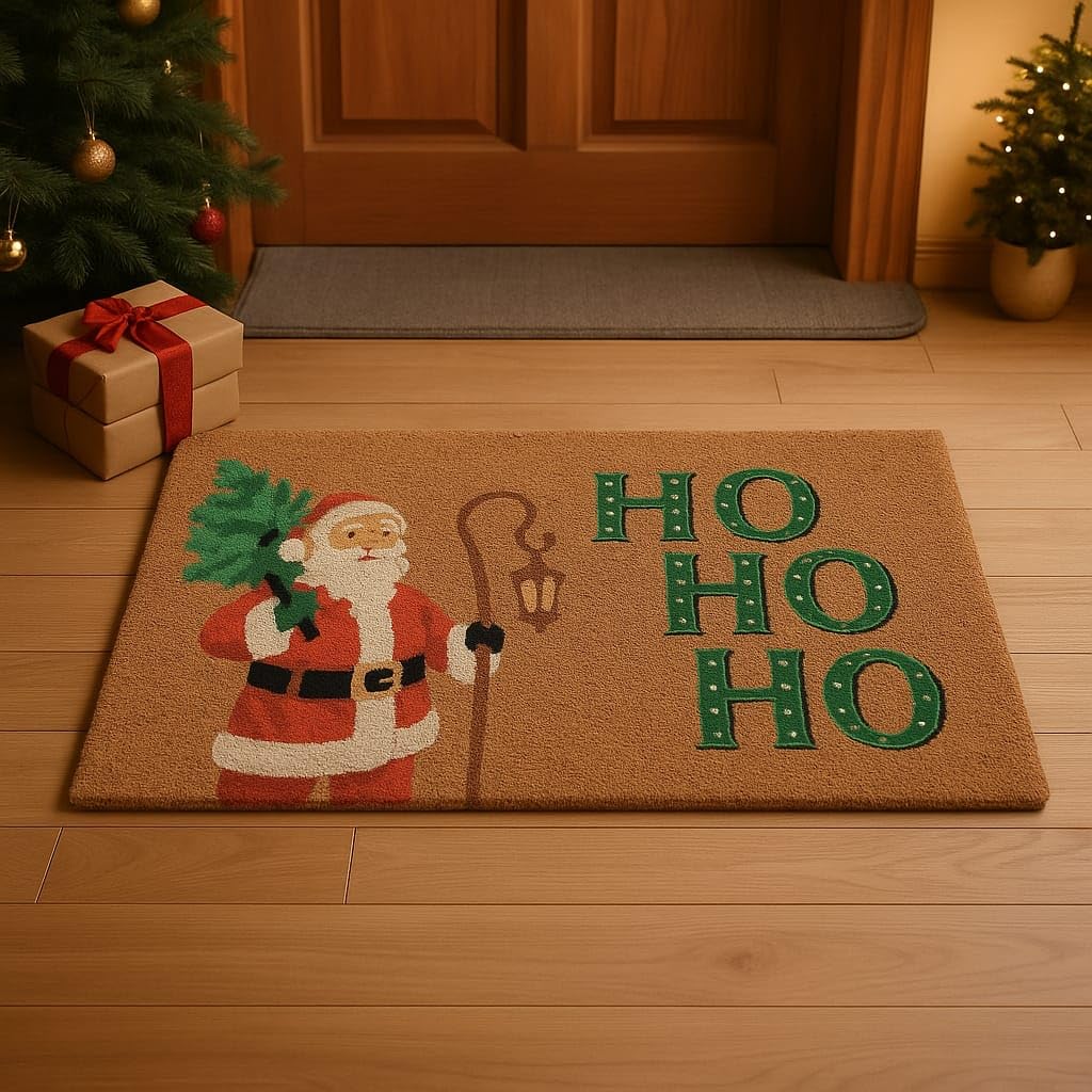Folkulture front view of Christmas doormat showing welcoming Santa and durable design