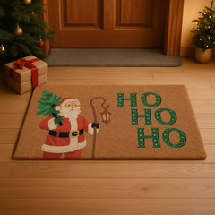 Folkulture front view of Christmas doormat showing welcoming Santa and durable design