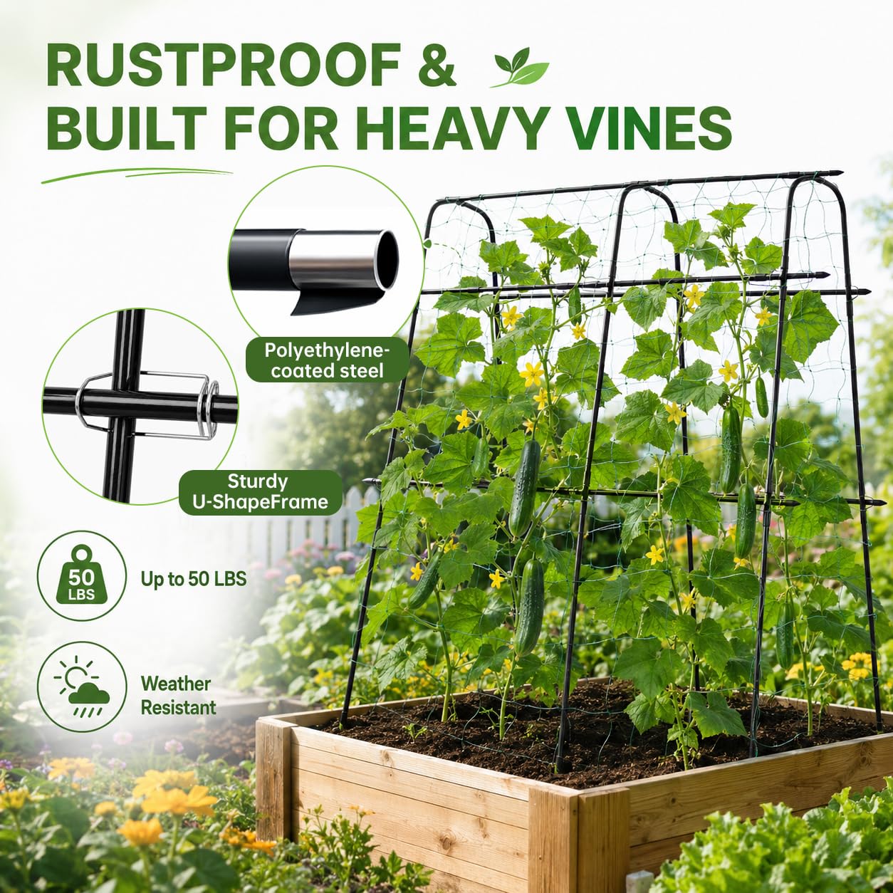 FOLLOOK arch supporting cucumbers showing easier harvesting benefit
