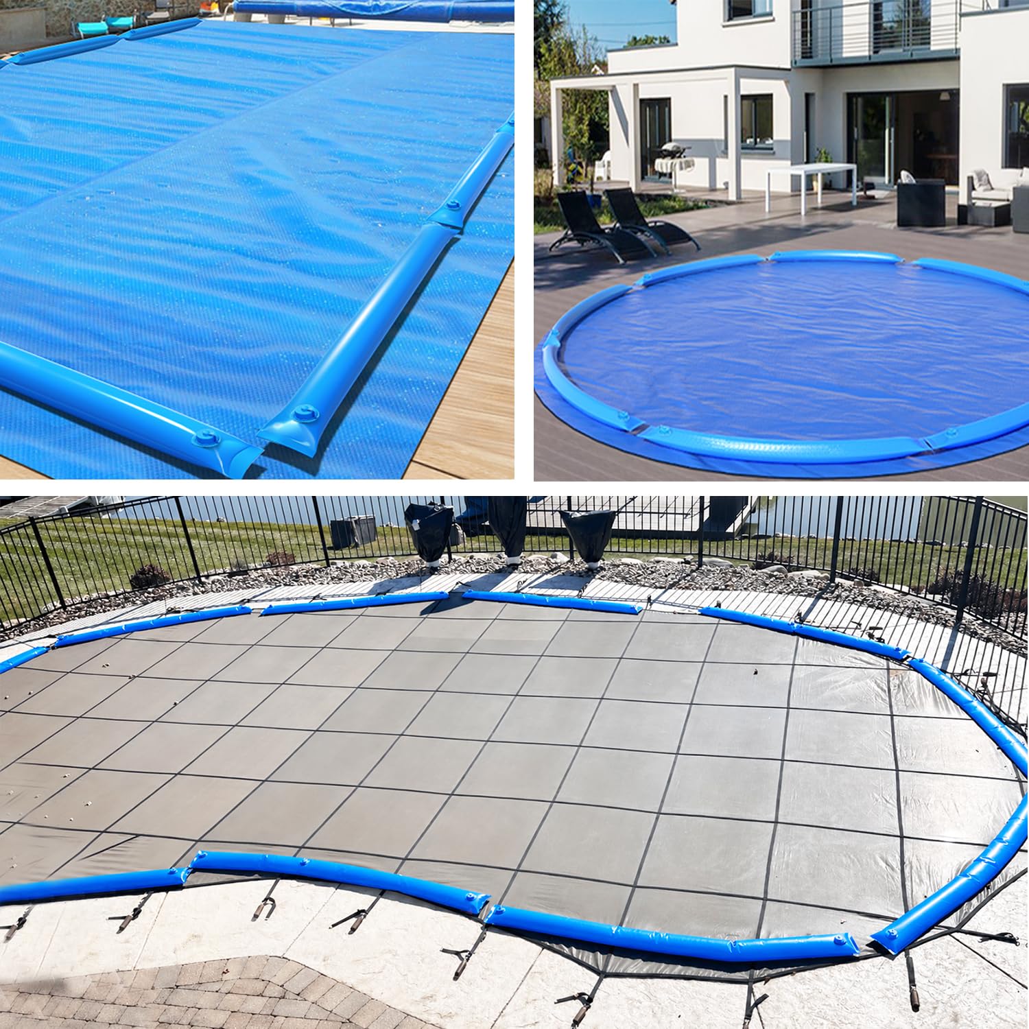 Fologtoo water bags placed on winter pool cover highlighting tidy protection