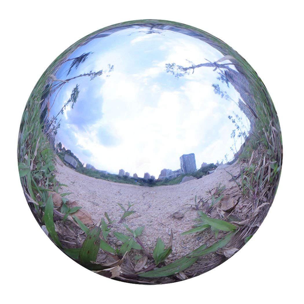 Folytiy front view of polished stainless steel gazing ball showing reflective finish and shape