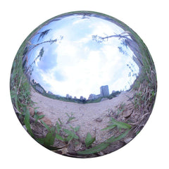 Folytiy front view of polished stainless steel gazing ball showing reflective finish and shape