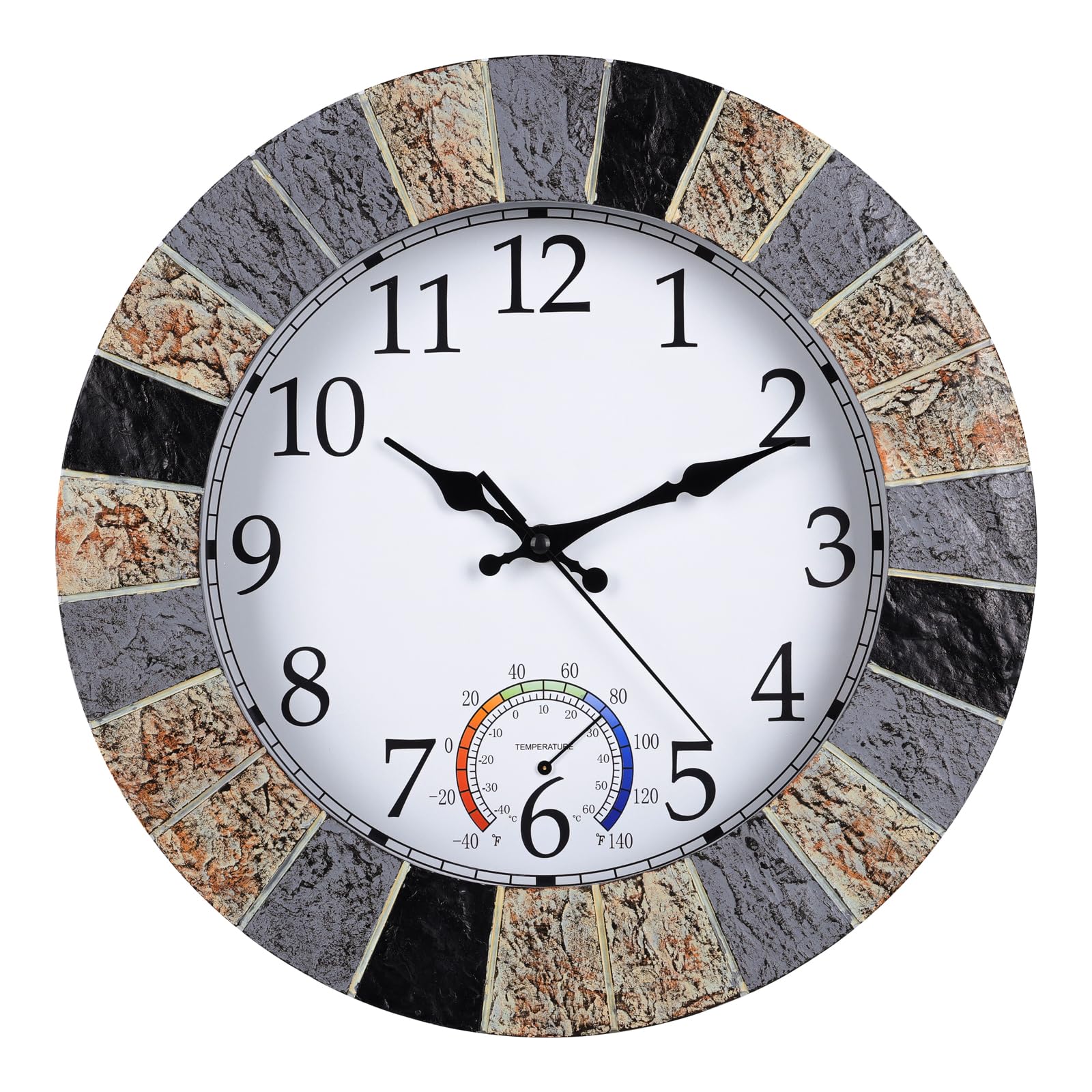 Fomaris front view showing clear 13-inch dial and thermometer for easy outdoor timekeeping