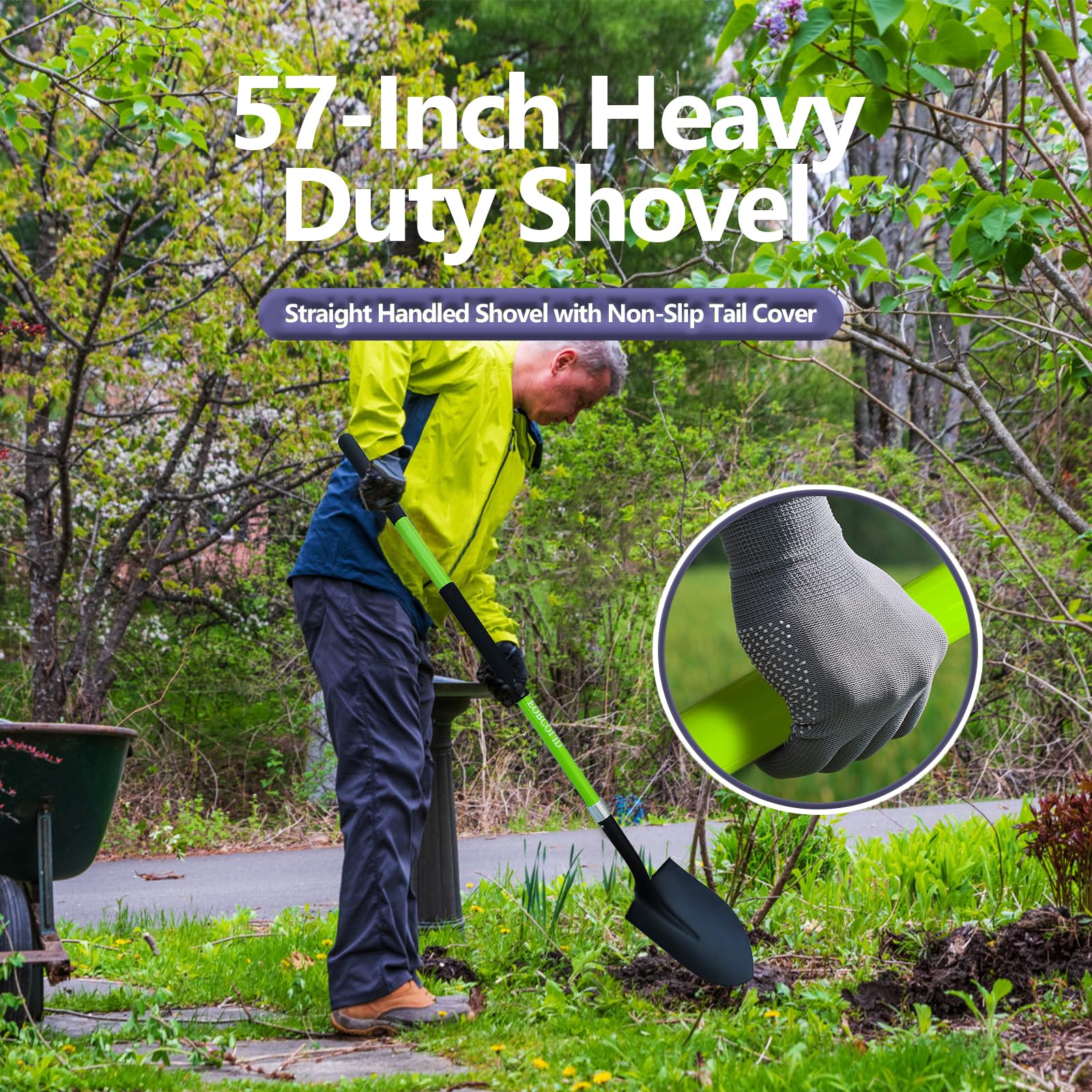 FORCOLID shovel next to ruler showing 57-inch scale for ergonomic reach
