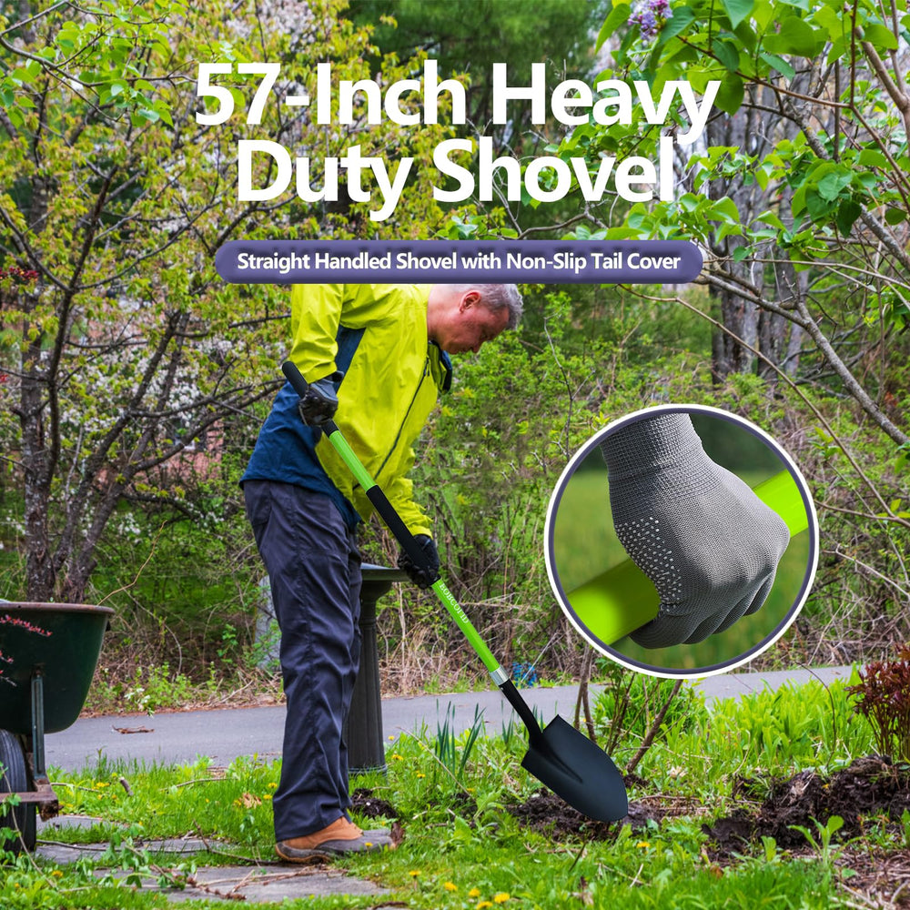 FORCOLID shovel next to ruler showing 57-inch scale for ergonomic reach