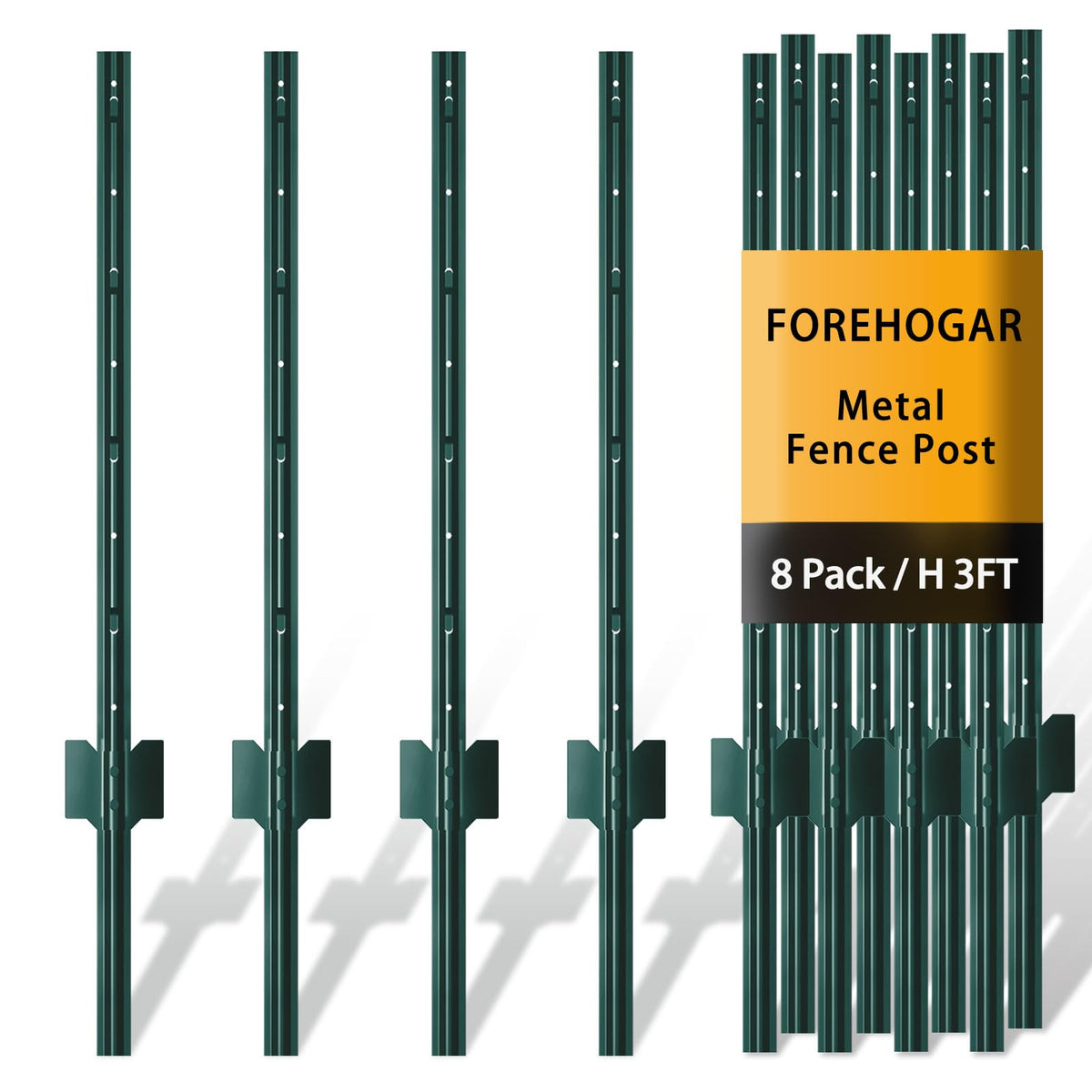 FOREHOGAR front view of 3ft T-posts pack showing eight green posts and labeling