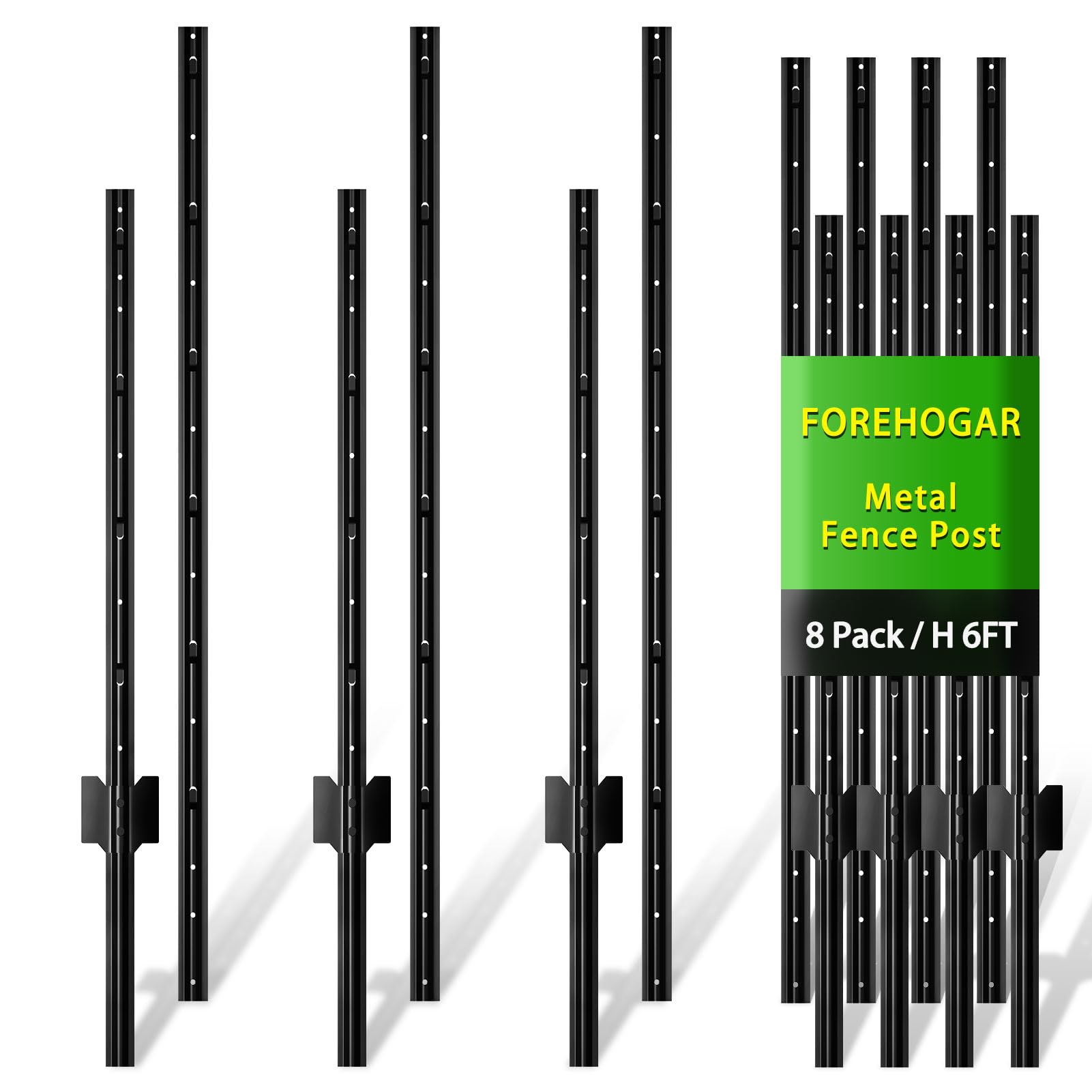 FOREHOGAR 8-pack front view showing black splicing T-posts and packaging, easy storage benefit