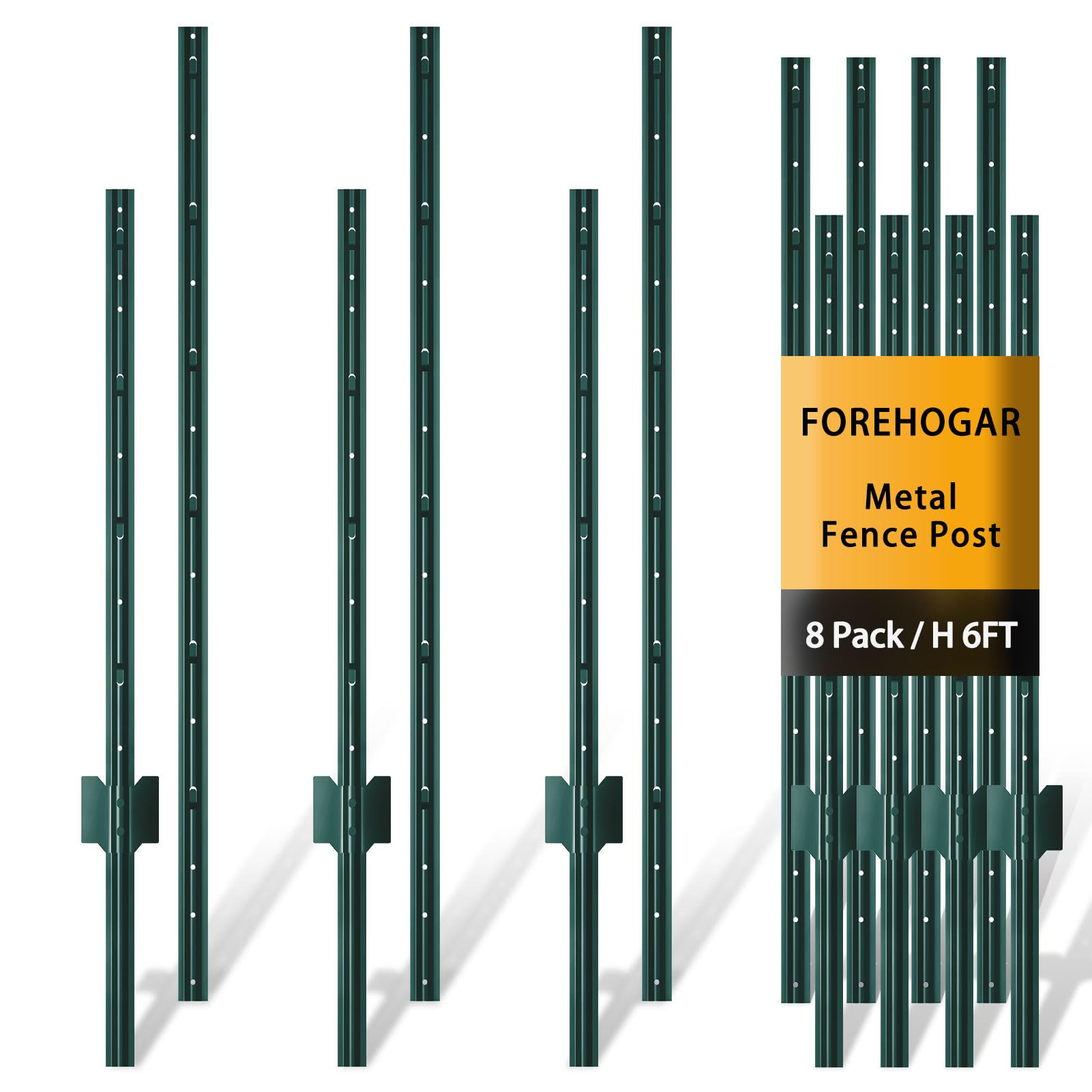 FOREHOGAR front view of 8-pack green splicing T-posts showing assembled posts and screws, durable support