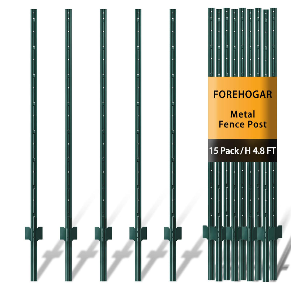 FOREHOGAR front view of 15-pack green T-posts showing packaging and quantity benefit