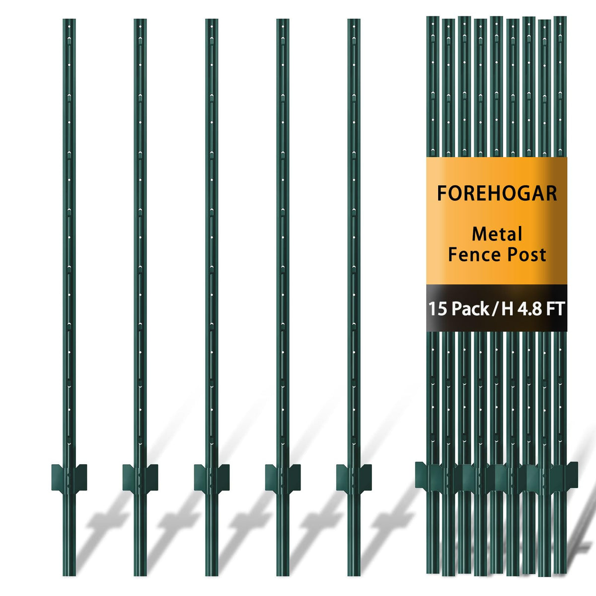 FOREHOGAR front view of 15-pack green T-posts showing packaging and quantity benefit