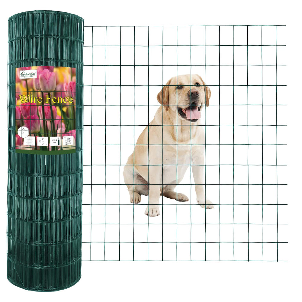 FOREHOGAR front view of rolled green PVC fence showing full packaging and length benefit
